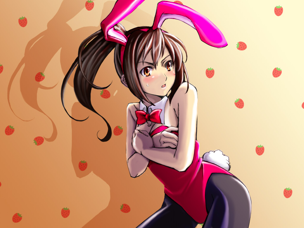 ren lowol, kyonko, suzumiya haruhi no yuuutsu, bad id, bad pixiv id, 00s, 1girl, animal ears, brown eyes, brown hair, fake animal ears, female focus, genderswap, genderswap (mtf), long hair, pantyhose, playboy bunny, ponytail, rabbit ears, solo