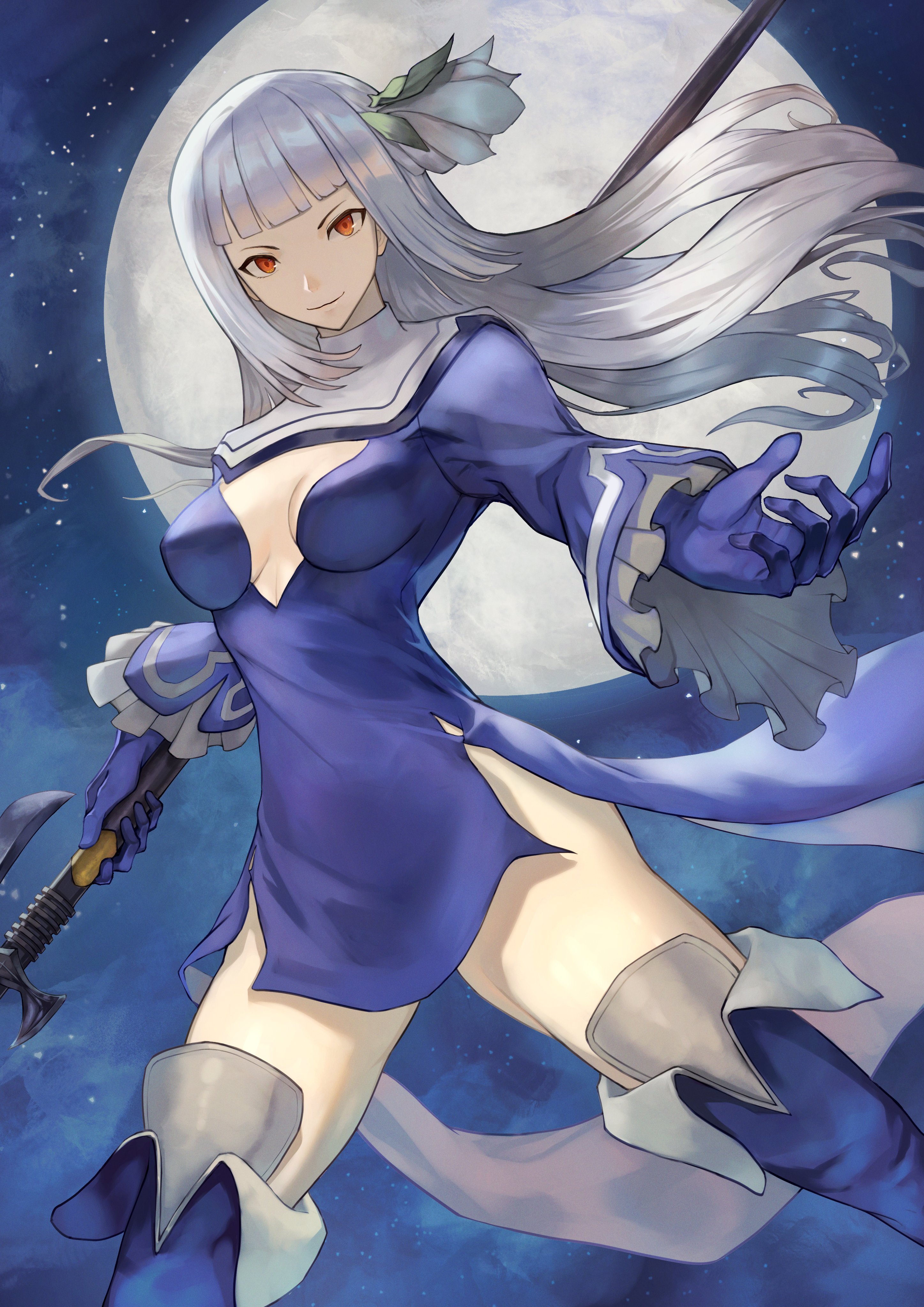 teaz917, magnolia arch, bravely default (series), bravely second: end layer, absurdres, commentary, highres, 1girl, blue gloves, breasts, floating hair, full moon, gloves, grey hair, holding, holding polearm, holding weapon, long hair, medium breasts, moon, night, night sky, polearm, red eyes, sky, solo, weapon
