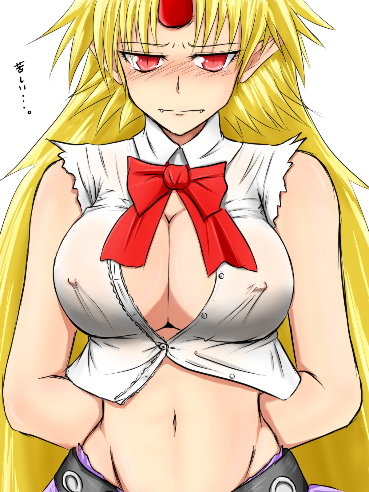 ashcape, hoshiguma yuugi, ibuki suika, touhou, highres, 1girl, arms behind back, blonde hair, blush, breasts, bursting breasts, cleavage, cosplay, covered erect nipples, embarrassed, fang, fangs, female focus, horns, ibuki suika (cosplay), large breasts, midriff, nipples, open clothes, open shirt, red eyes, shirt, single horn, solo, undersized clothes