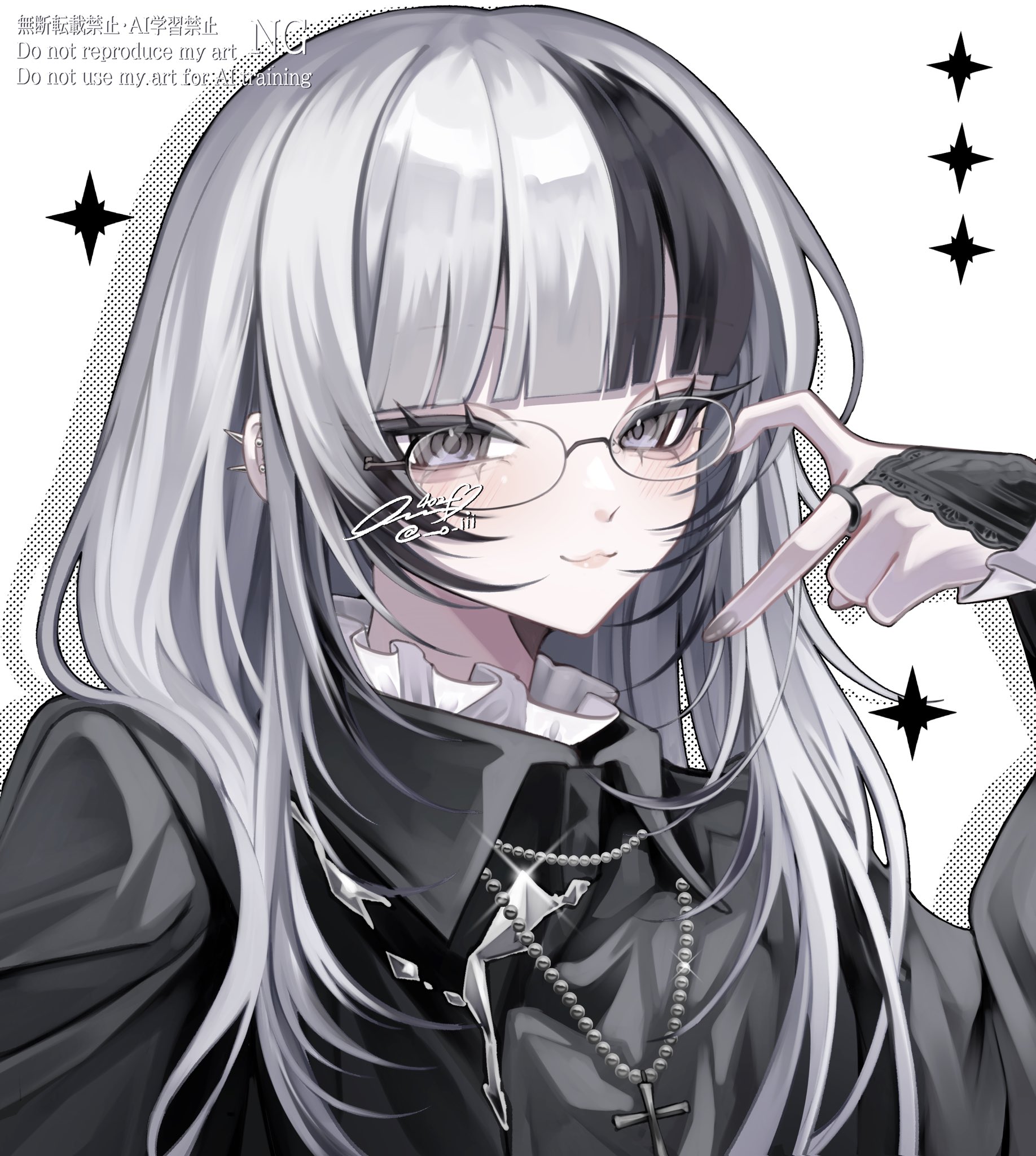 402 (o0 xxx), original, commentary, highres, symbol-only commentary, 1girl, aegyo sal, black bridal gauntlets, black dress, black eyes, black streaks, blunt bangs, bridal gauntlets, closed mouth, cross, cross necklace, dress, ear piercing, glasses, grey hair, half-heart hands, hand up, jewelry, long hair, looking at viewer, multicolored hair, necklace, piercing, ring, smile, solo, streaked hair, upper body, white background