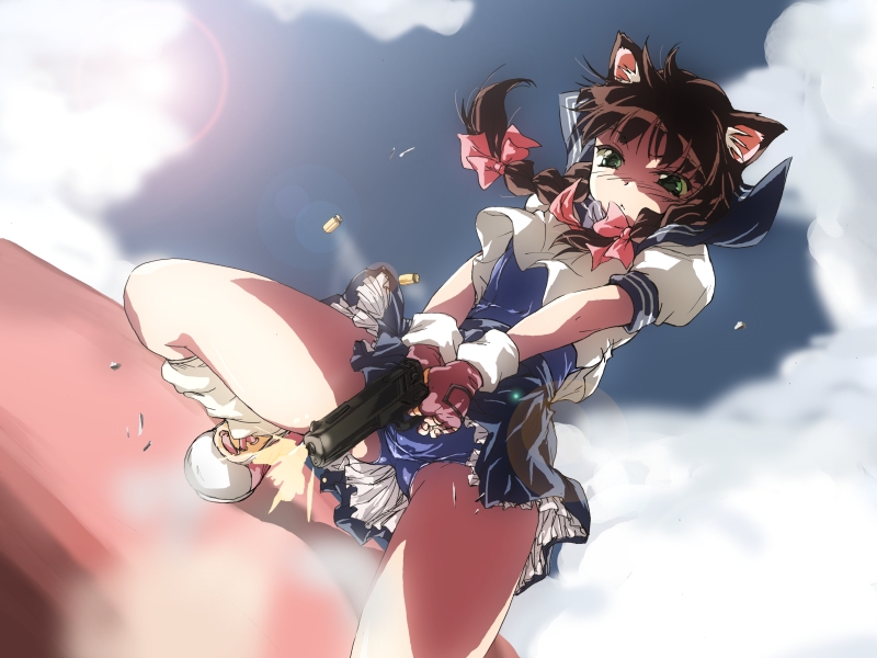 matsukura nemu, animal ears, braid, cat ears, gun, handgun, lens flare, pistol, school uniform, serafuku, solo, twin braids, weapon