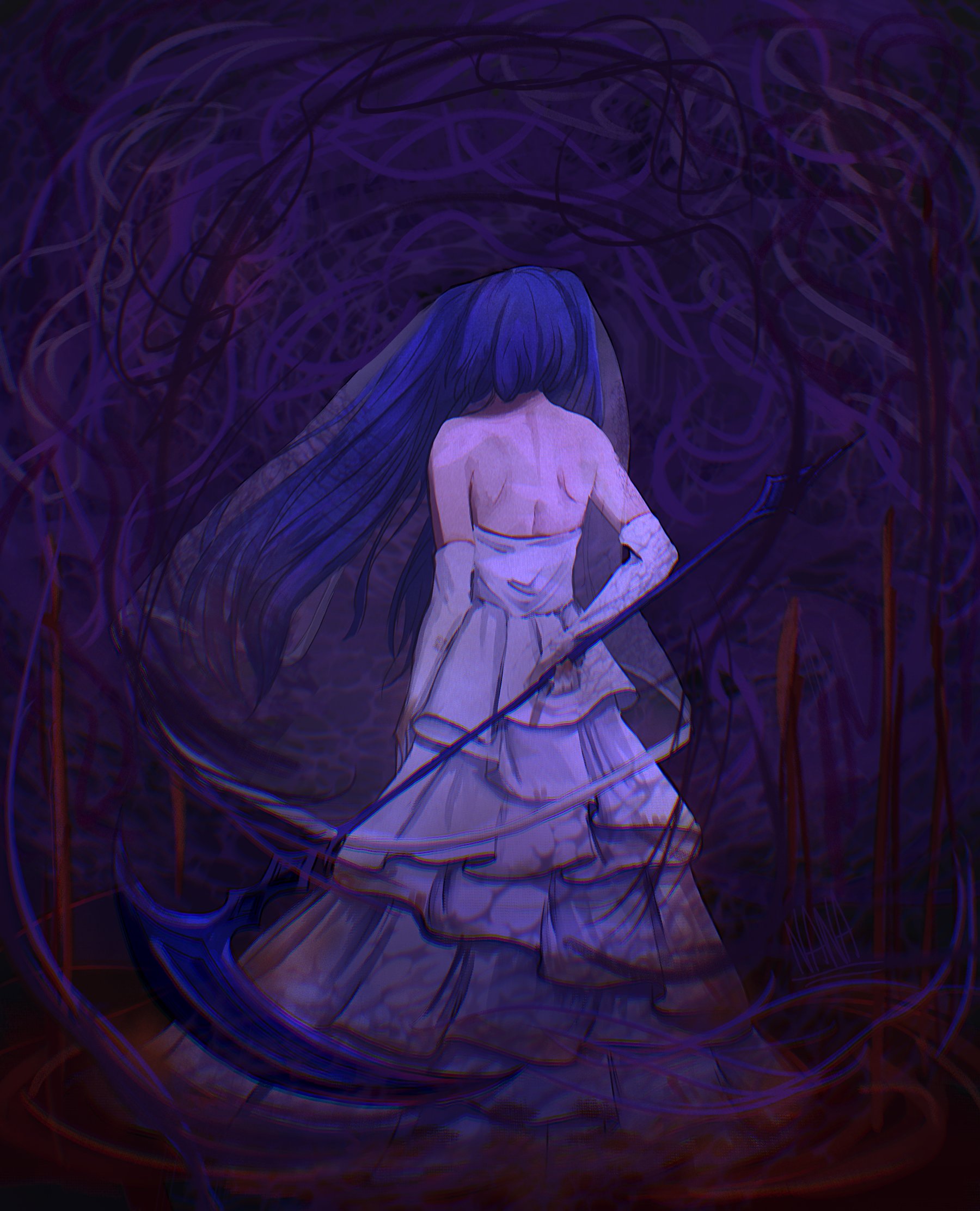 furudo erika, umineko no naku koro ni, commentary, english commentary, highres, 1girl, backless dress, backless outfit, blood, blue hair, bridal veil, dress, holding, holding scythe, holding weapon, layered dress, long dress, long hair, nanaart87, scythe, solo, standing, twintails, veil, weapon, wedding dress, white dress, white sleeves