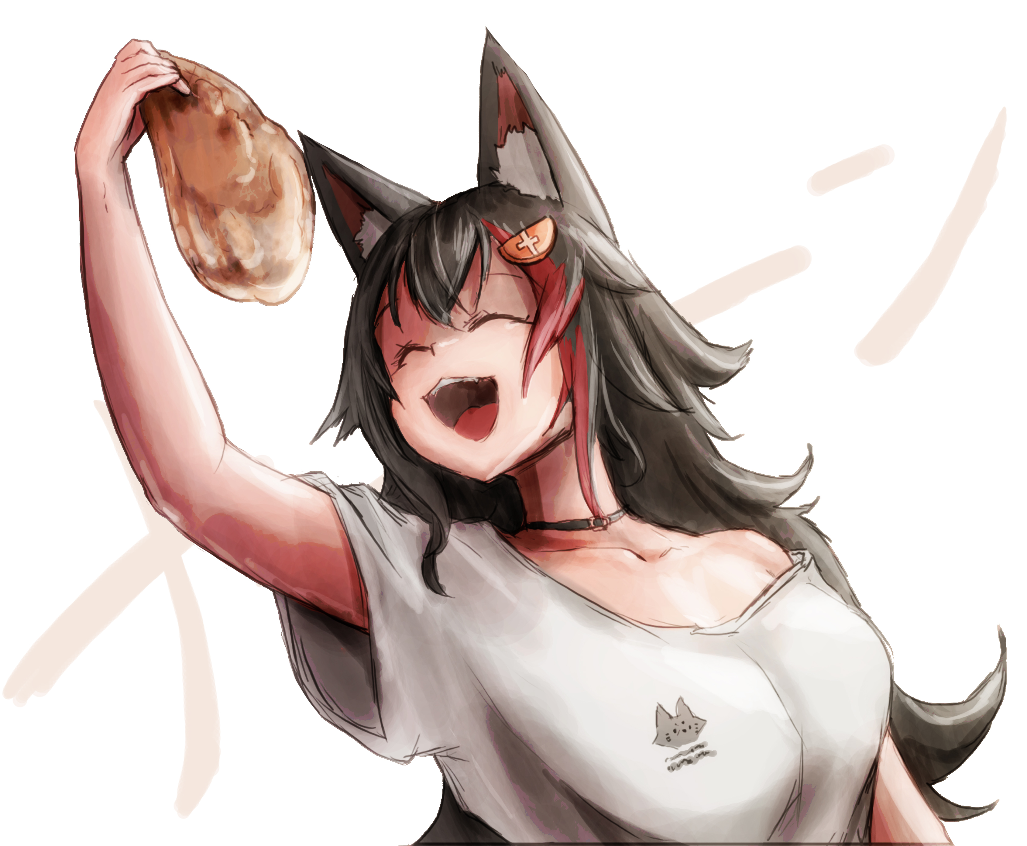 nymph rhythm, ookami mio, hololive, fluffy hair, absurdres, highres, 1girl, alternate costume, animal ear fluff, animal ears, black hair, breasts, choker, closed eyes, food, hair between eyes, hair ornament, holding, holding food, long hair, multicolored hair, off shoulder, open mouth, oversized clothes, pancake, red hair, shirt, simple background, solo, tail, virtual youtuber, white shirt, wolf ears, wolf girl, wolf tail