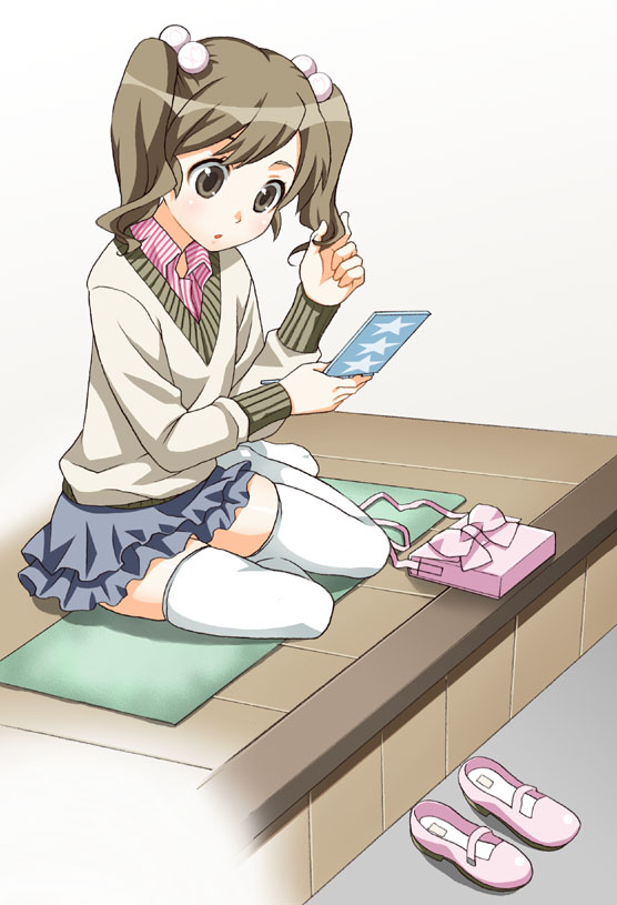 mattaku mousuke, original, frills, sitting, skirt, solo, sweater, thighhighs, white thighhighs, zettai ryouiki