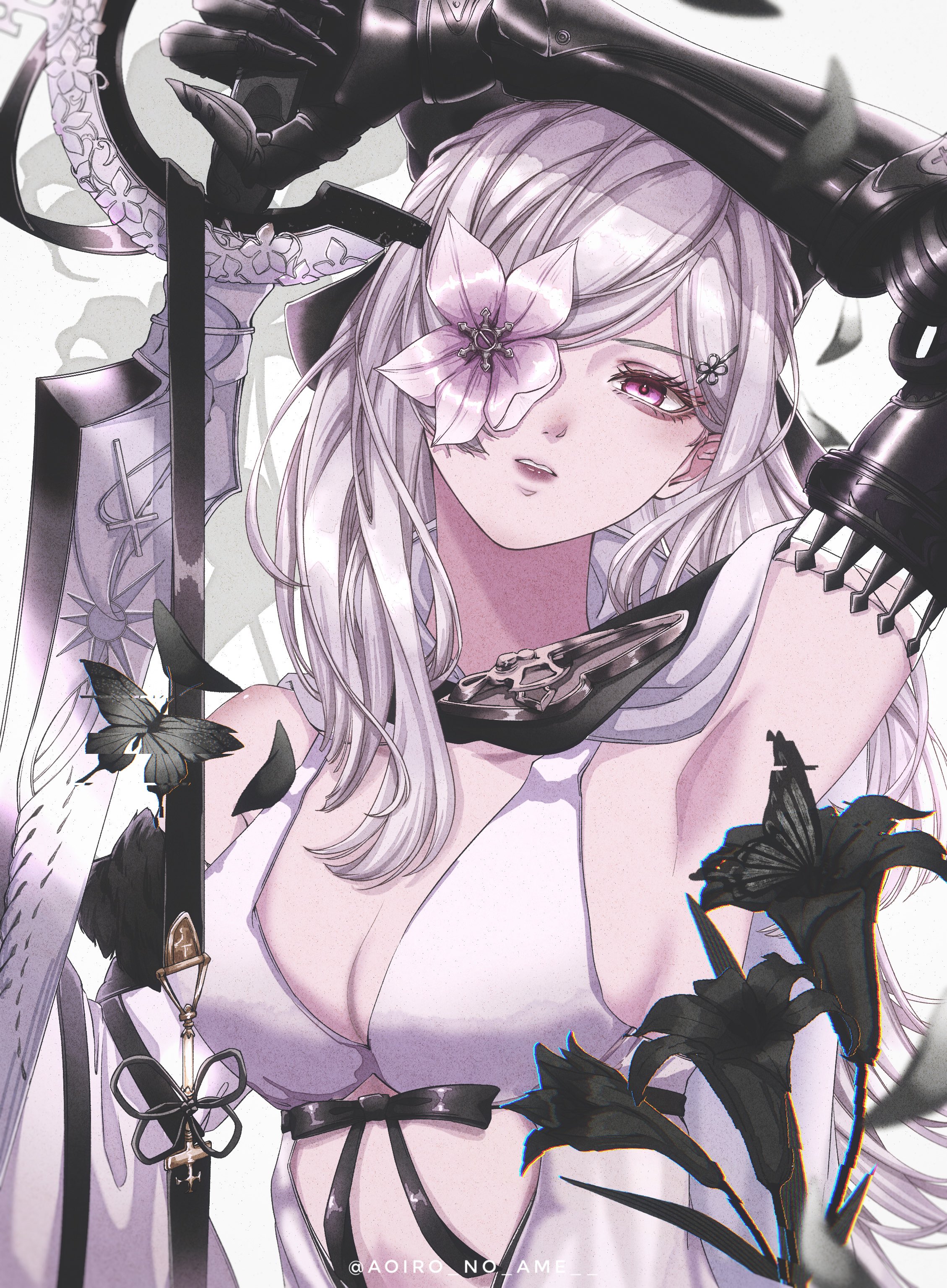 aoiro no ame, zero (drag-on dragoon), drag-on dragoon, drag-on dragoon 3, absurdres, commentary, english commentary, highres, 1girl, artist name, black butterfly, breasts, bug, butterfly, eyelashes, flower, flower over eye, insect, long hair, mechanical arms, medium breasts, parted lips, pink eyes, prosthesis, prosthetic arm, single mechanical arm, solo, standing, twitter username, upper body, white hair