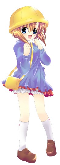 kairi (oro-n), ryuuguu rena, higurashi no naku koro ni, bad id, bad pixiv id, 1girl, bag, blue eyes, cosplay, female focus, handbag, hat, kindergarten, kindergarten uniform, looking at viewer, orange hair, school hat, school uniform, short hair, simple background, smile, socks, solo, white background