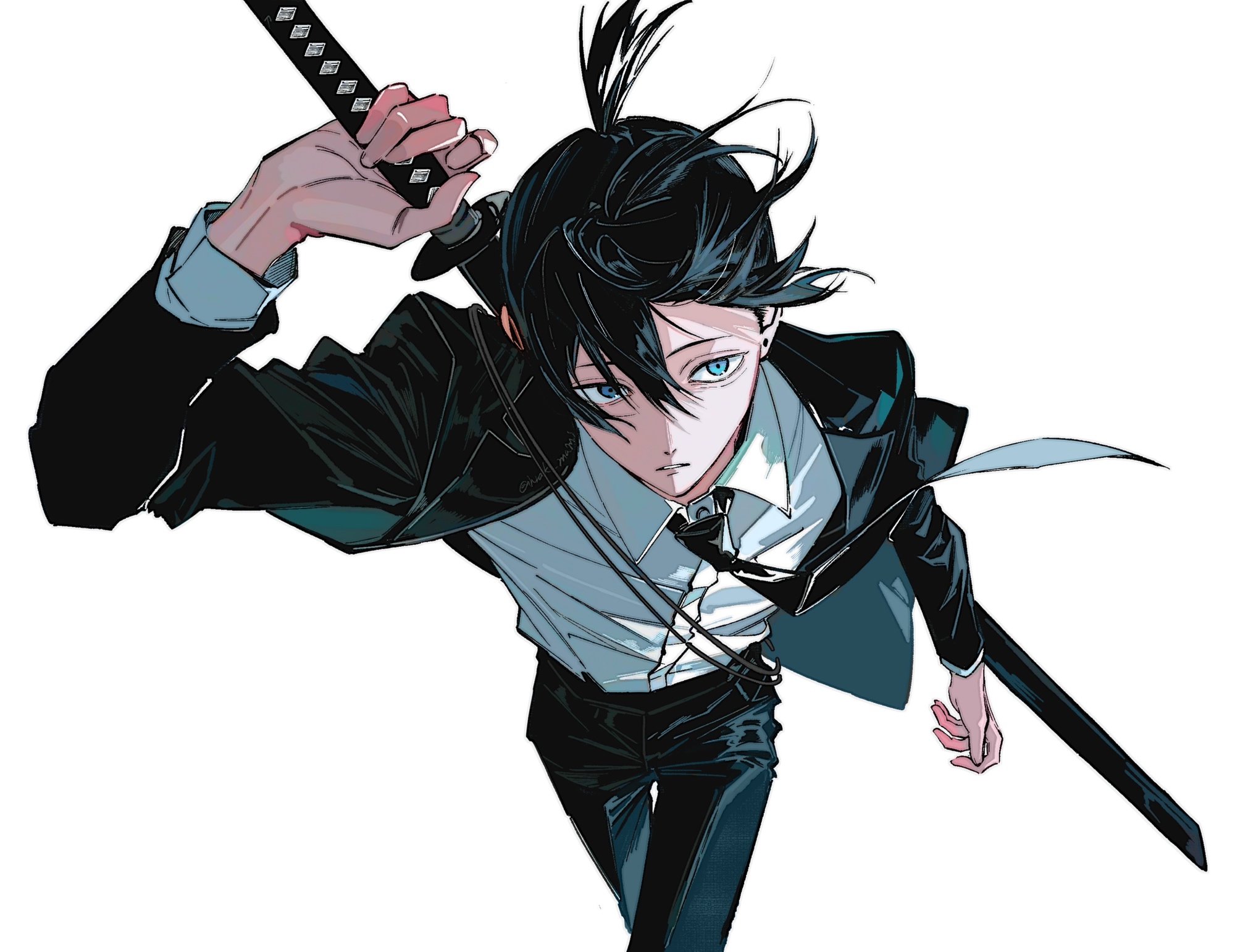hrak mumi, hayakawa aki, chainsaw man, highres, 1boy, aqua eyes, arm up, black hair, black jacket, black necktie, black pants, collared shirt, earrings, fingernails, floating hair, holding, holding sword, holding weapon, jacket, jewelry, katana, lapels, layered sleeves, long sleeves, looking to the side, male focus, necktie, notched lapels, open clothes, open jacket, pants, parted lips, piercing, shirt, shirt tucked in, short hair, solo, stud earrings, sword, sword on back, teeth, topknot, weapon, weapon on back, wing collar