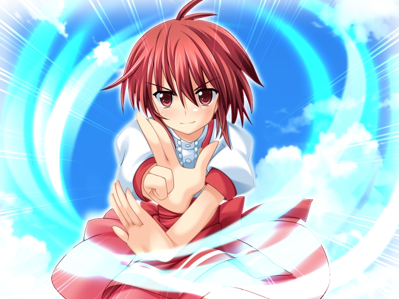 miyamoto takeru, anna miller, fuwari complex, game cg, non-web source, 1girl, female focus, fighting stance, red eyes, red hair, short hair, solo, waitress, wind