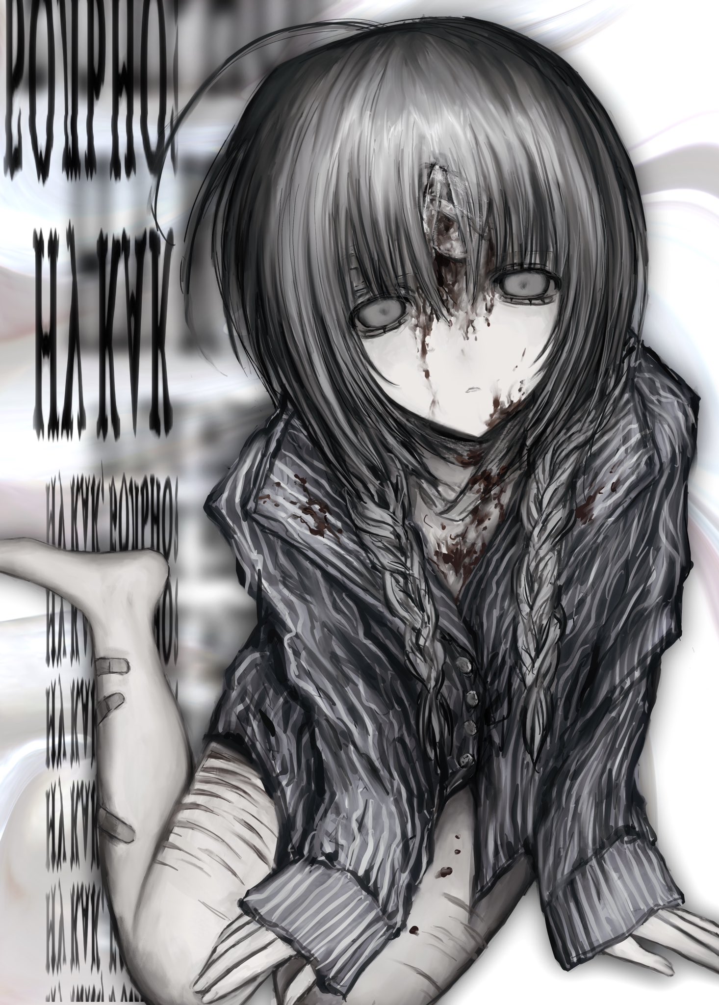 chan8016, original, highres, ahoge, bandaid, bandaid on face, bandaid on leg, bare legs, barefoot, blood, blood on face, blood splatter, braid, buttons, empty eyes, expressionless, from above, full body, long sleeves, looking at viewer, muted color, pajamas, pale skin, parted lips, scar, scar on leg, self-harm scar, shirt, sitting, sleeves past wrists, striped clothes, striped shirt, text background, twin braids, white background, white hair, yokozuwari