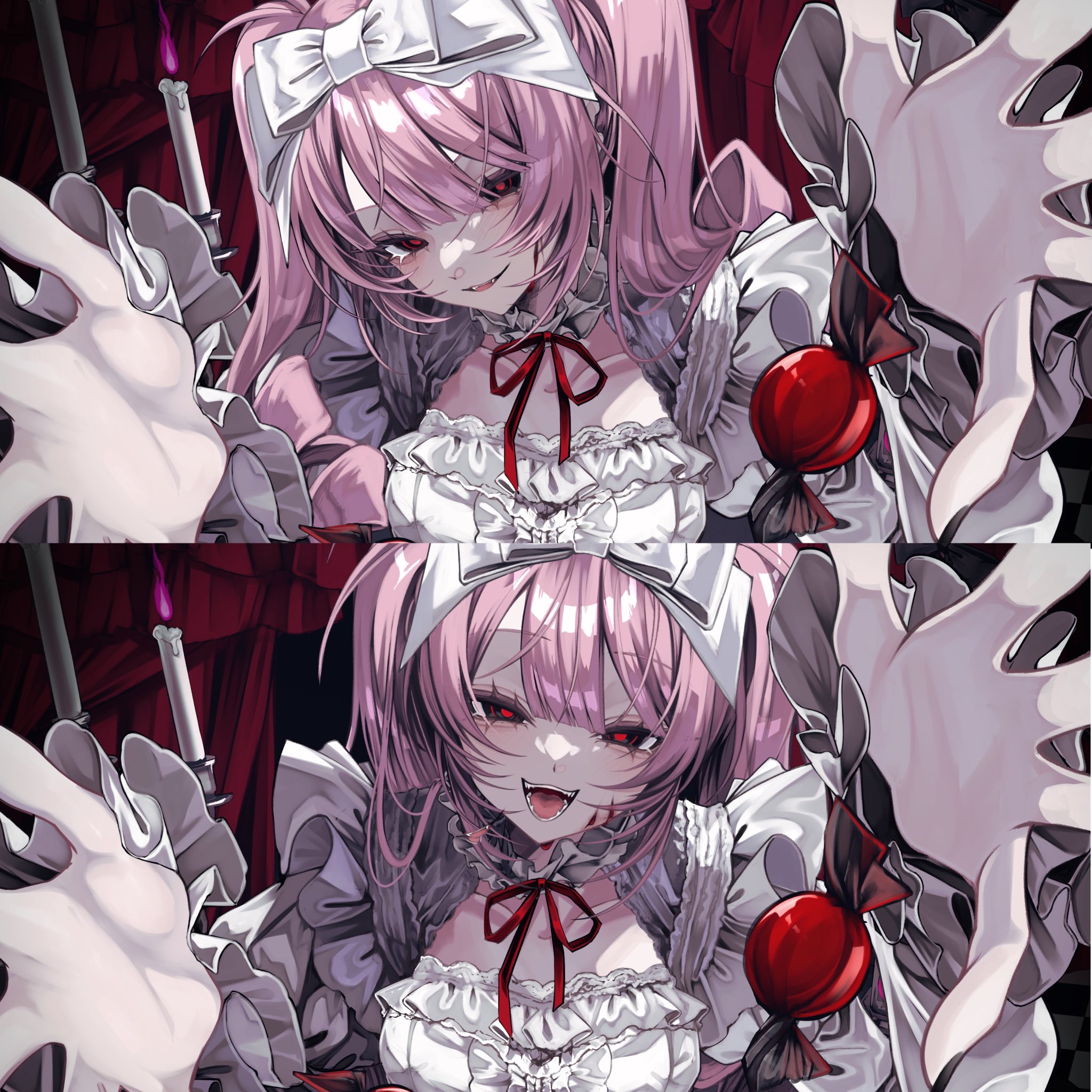 402 (o0 xxx), original, commentary request, highres, 1girl, black eyes, bow, breasts, candy, candy wrapper, double-parted bangs, dress, food, frilled dress, frills, hair between eyes, hair bow, long hair, long sleeves, looking at viewer, neck ribbon, open mouth, parted lips, pink hair, reaching, reaching towards viewer, red pupils, red ribbon, ribbon, smile, white bow, white dress, wrapped candy