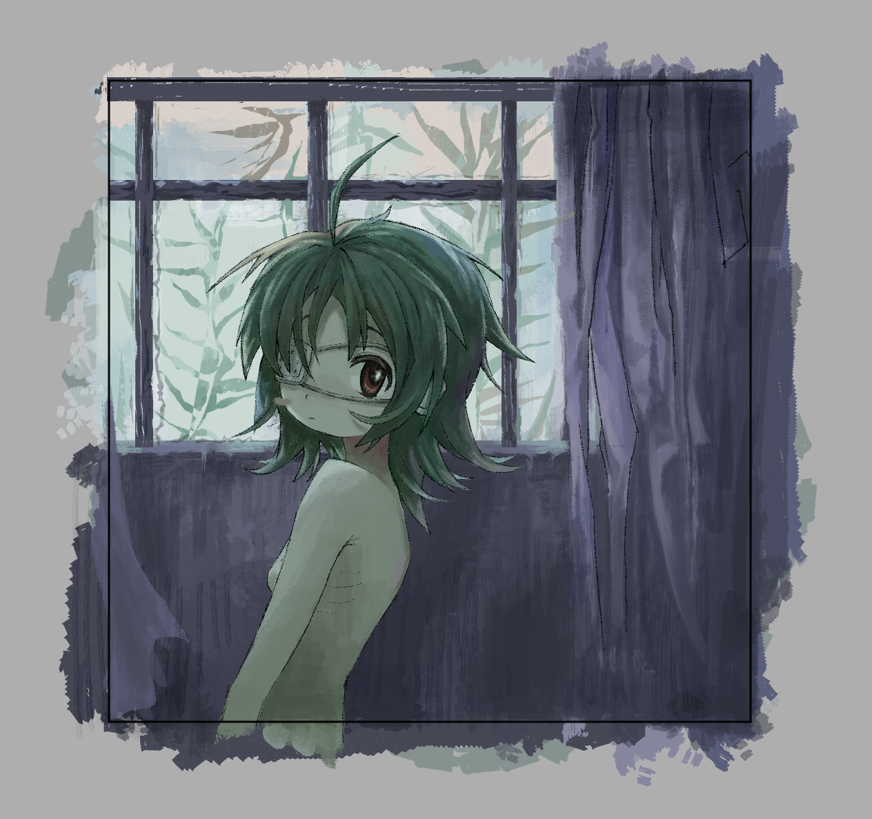 lala (watashi no koko), watashi no koko, 1girl, ahoge, black border, blush stickers, border, breasts, closed mouth, completely nude, curtains, expressionless, eyepatch, from side, green hair, indoors, looking at viewer, medium hair, nude, red eyes, sabame50, single blush sticker, skinny, small breasts, window