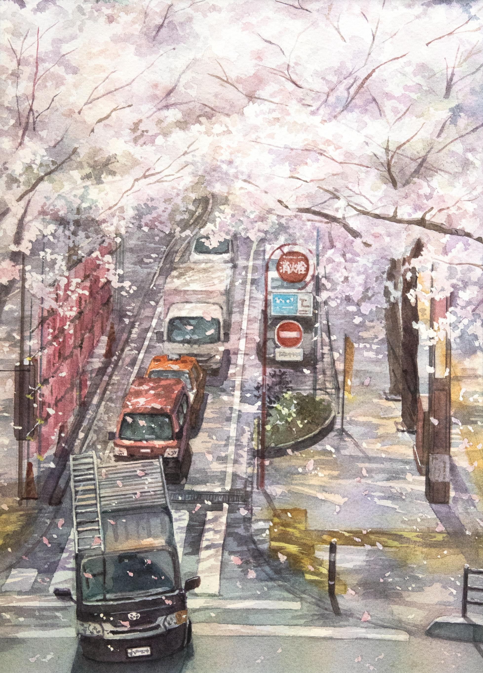 kazuyuki hashimoto, original, absurdres, commentary request, highres, painting (medium), traditional media, watercolor (medium), box truck, car, cherry blossoms, crosswalk, falling petals, ladder, landscape, motor vehicle, no entry sign, no humans, petals, road sign, scenery, sign, traffic cone, tree, truck, van