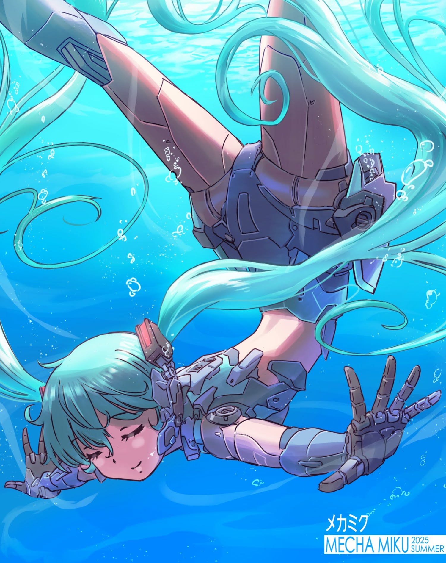 tsune (dreamers express), hatsune miku, vocaloid, commentary, highres, 1girl, air bubble, aqua hair, bubble, closed eyes, diving, joints, long hair, marine day, mechanical arms, mechanical legs, outstretched arms, robot girl, robot joints, solo, spread arms, underwater, upside-down