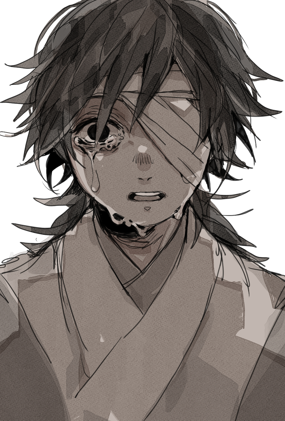 tomioka giyuu, kimetsu no yaiba, highres, 1boy, alternate costume, bandage over one eye, black hair, crying, crying with eyes open, empty eyes, hair between eyes, hair over one eye, japanese clothes, kimono, long hair, low ponytail, male focus, open mouth, ponytail, simple background, solo, spiked hair, tears, teeth, tongue, upper body, upper teeth only, white background, yakitorisan09