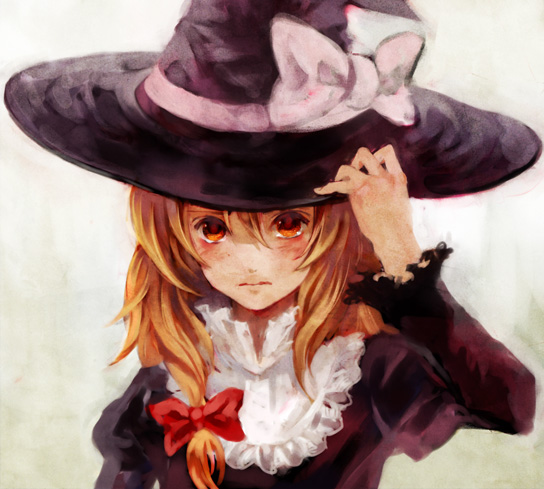 fukahire (ruinon), kirisame marisa, touhou, bad id, bad pixiv id, 1girl, blonde hair, blush, female focus, gradient background, hand on headwear, hat, ribbon, solo, upper body, white background, yellow eyes
