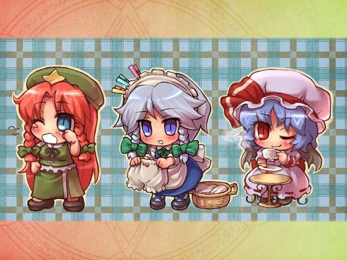 sankuma, hong meiling, izayoi sakuya, remilia scarlet, embodiment of scarlet devil, touhou, 3girls, bat wings, blue eyes, blush, braid, chibi, female focus, hat, maid, multiple girls, red eyes, ribbon, skirt, twin braids, wings, wink