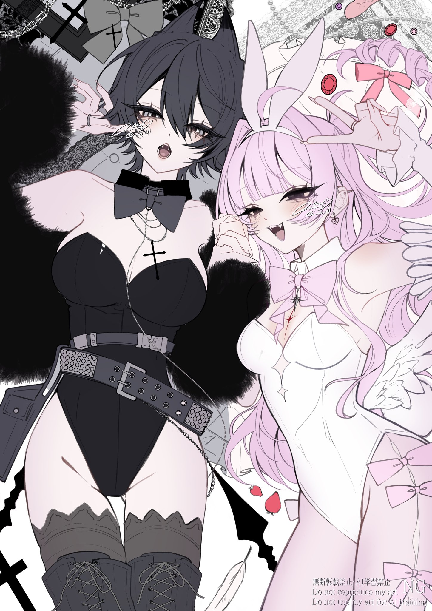 402 (o0 xxx), original, highres, 2girls, animal ear hairband, animal ears, bare shoulders, black bow, black bowtie, black eyes, black hair, black leotard, black thighhighs, blush, bow, bowtie, breasts, cowboy shot, detached collar, detached sleeves, double-parted bangs, fake animal ears, fake tail, feathered wings, fingernails, flat color, fur (clothing), grey eyes, groin, hair between eyes, hairband, hand up, highleg, highleg leotard, holding hands, jewelry, large breasts, leotard, long hair, looking at viewer, multiple girls, open mouth, pantyhose, pink bow, pink bowtie, pink hair, pink pantyhose, playboy bunny, rabbit ear hairband, rabbit ears, rabbit tail, ring, short hair, small breasts, smile, strapless, strapless leotard, tail, thigh gap, thighhighs, v, white leotard, wings
