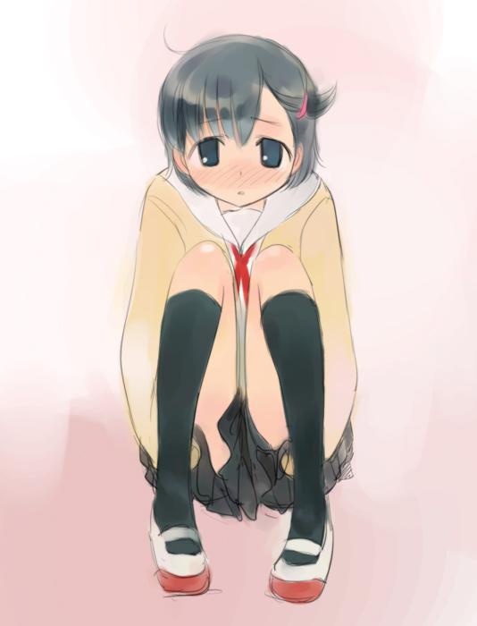 ikeda jun (mizutamari), original, black eyes, black hair, black socks, blush, hugging own legs, kneehighs, mary janes, school uniform, serafuku, shoes, short hair, socks, solo, thighhighs, uwabaki