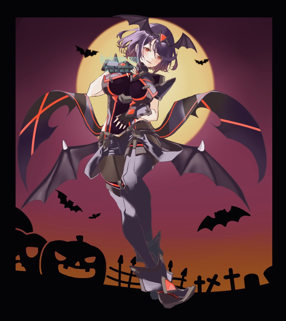 usakumapo nano, pyra (xenoblade), nintendo, super smash bros., xenoblade chronicles (series), xenoblade chronicles 2, 1girl, breasts, chest jewel, core crystal (xenoblade), fingerless gloves, gloves, halloween, hand on own chest, headpiece, jewelry, large breasts, looking at viewer, official alternate color, official alternate hair color, pantyhose, pumpkin, purple hair, purple shorts, red eyes, short hair, shorts, solo, swept bangs, thighhighs, thighhighs over pantyhose, tiara