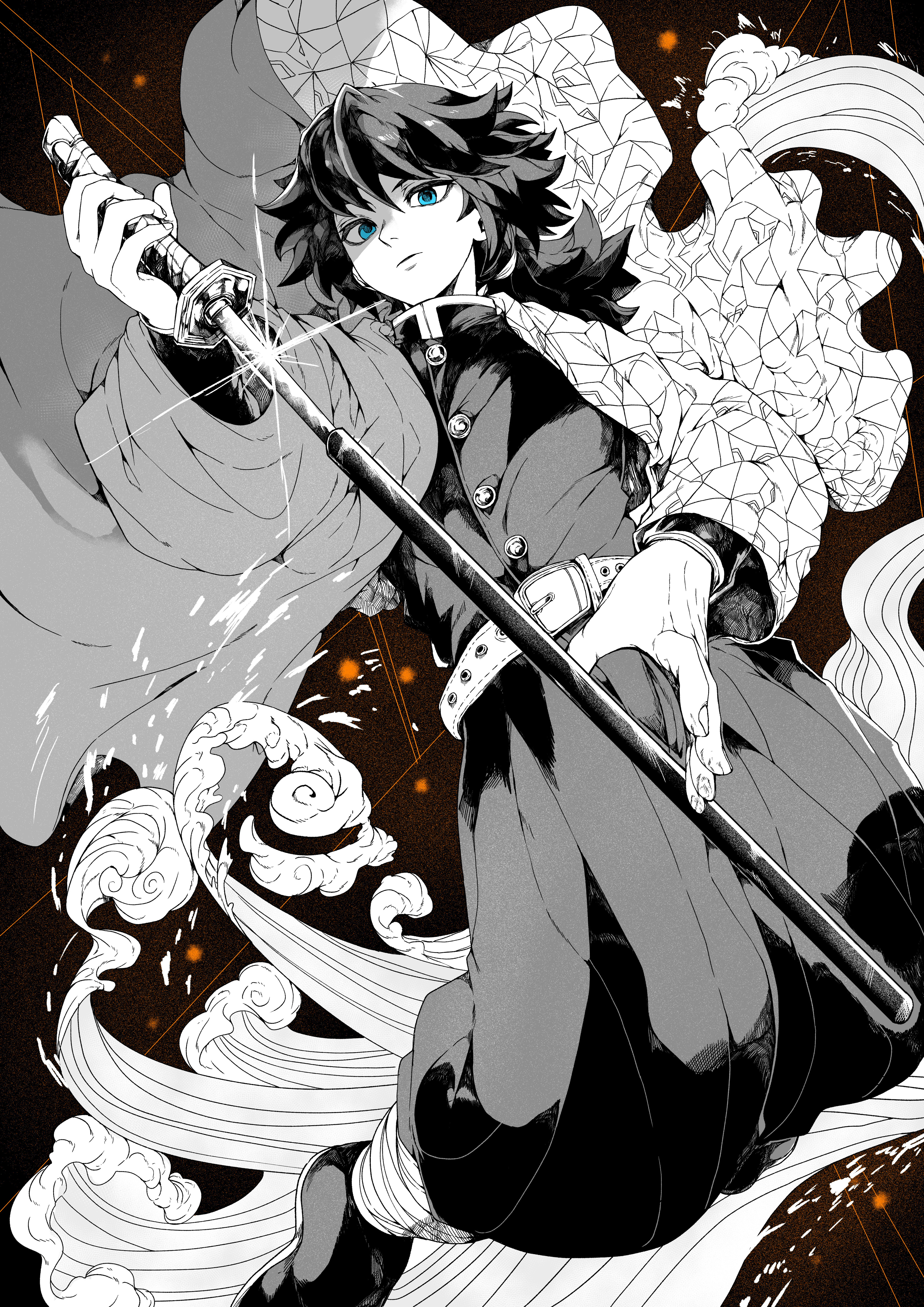 yotsumi shiro, tomioka giyuu, kimetsu no yaiba, absurdres, highres, 1boy, blue eyes, brown background, buttons, demon slayer uniform, greyscale, haori, high collar, holding, holding sword, holding weapon, japanese clothes, katana, kikkoumon, looking at viewer, low ponytail, male focus, monochrome, partially colored, ponytail, print haori, solo, spiked hair, sword, water, weapon