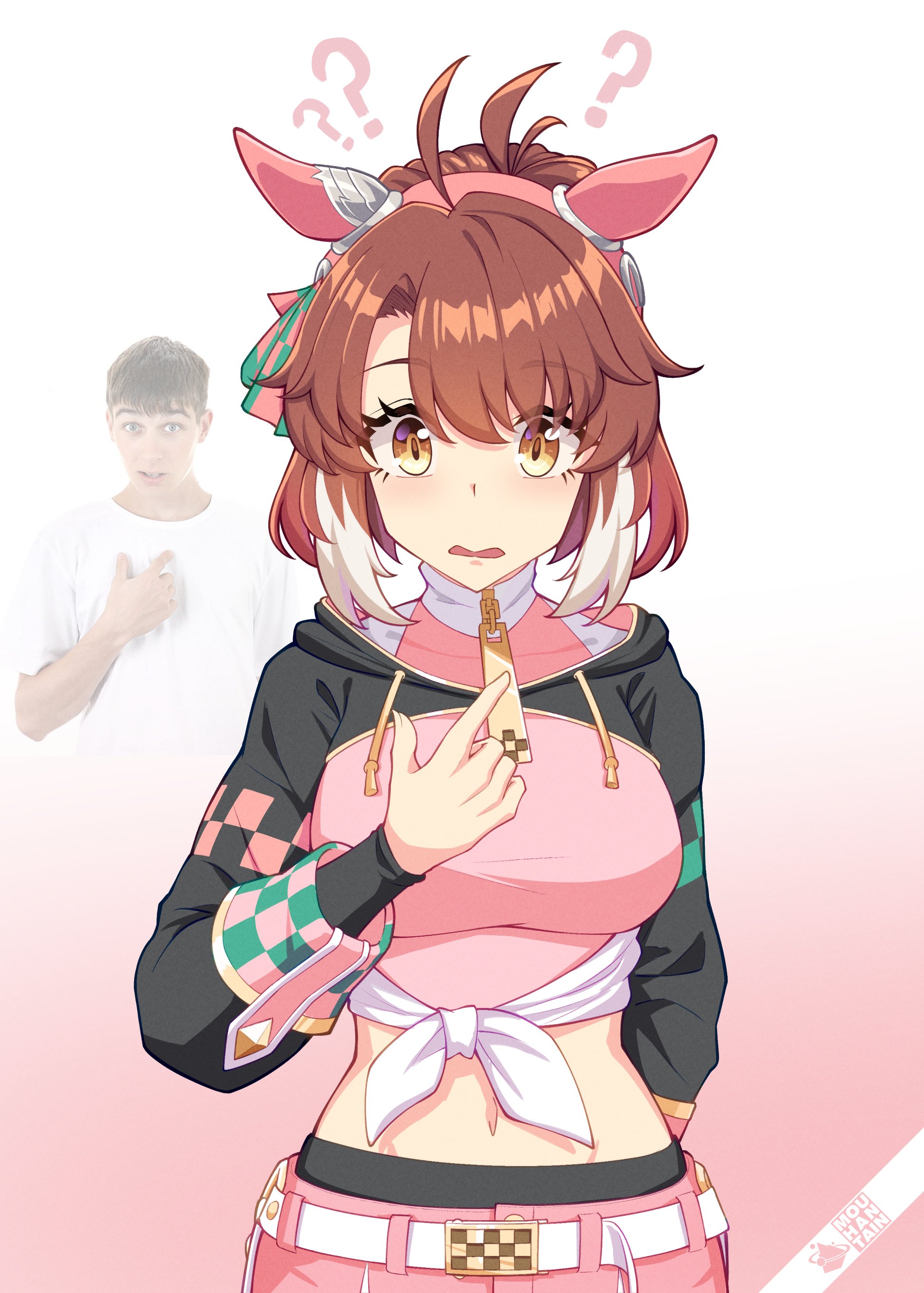 mouhantain, dantsu flame (umamusume), umamusume, umamusume: beginning of a new era, absurdres, highres, 1girl, ahoge, animal ears, blush, bow, breasts, brown eyes, brown hair, checkered ribbon, colored tips, dantsu flame (center spotlight) (umamusume), ear covers, ear ornament, ear ribbon, hair between eyes, hair ornament, horse ears, horse girl, horse tail, large breasts, looking at viewer, multicolored hair, open mouth, pink shorts, shorts, simple background, solo, tail, white hair