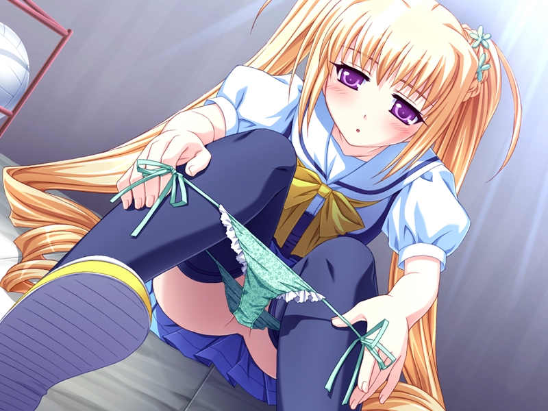 saeki hokuto, ayatsuki riri, ero smash, 1girl, aged down, blonde hair, blush, changing, female focus, lace, lace-trimmed panties, lace trim, long hair, panties, panty pull, purple eyes, school uniform, shoes, side-tie panties, solo, storeroom, thighhighs, underwear, undressing, upskirt, voyeurism