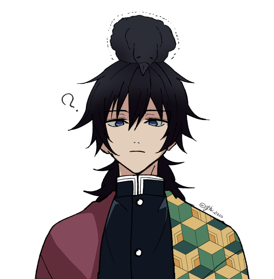 kanzaburou (kimetsu no yaiba), tomioka giyuu, kimetsu no yaiba, 1boy, ?, animal, animal on head, bird, bird on head, black hair, black jacket, blue eyes, buttons, closed eyes, crow, demon slayer uniform, empty eyes, gtkw0820, haori, high collar, jacket, japanese clothes, kikkoumon, low ponytail, male focus, on head, ponytail, print haori, red haori, solo, spiked hair, twitter username, upper body