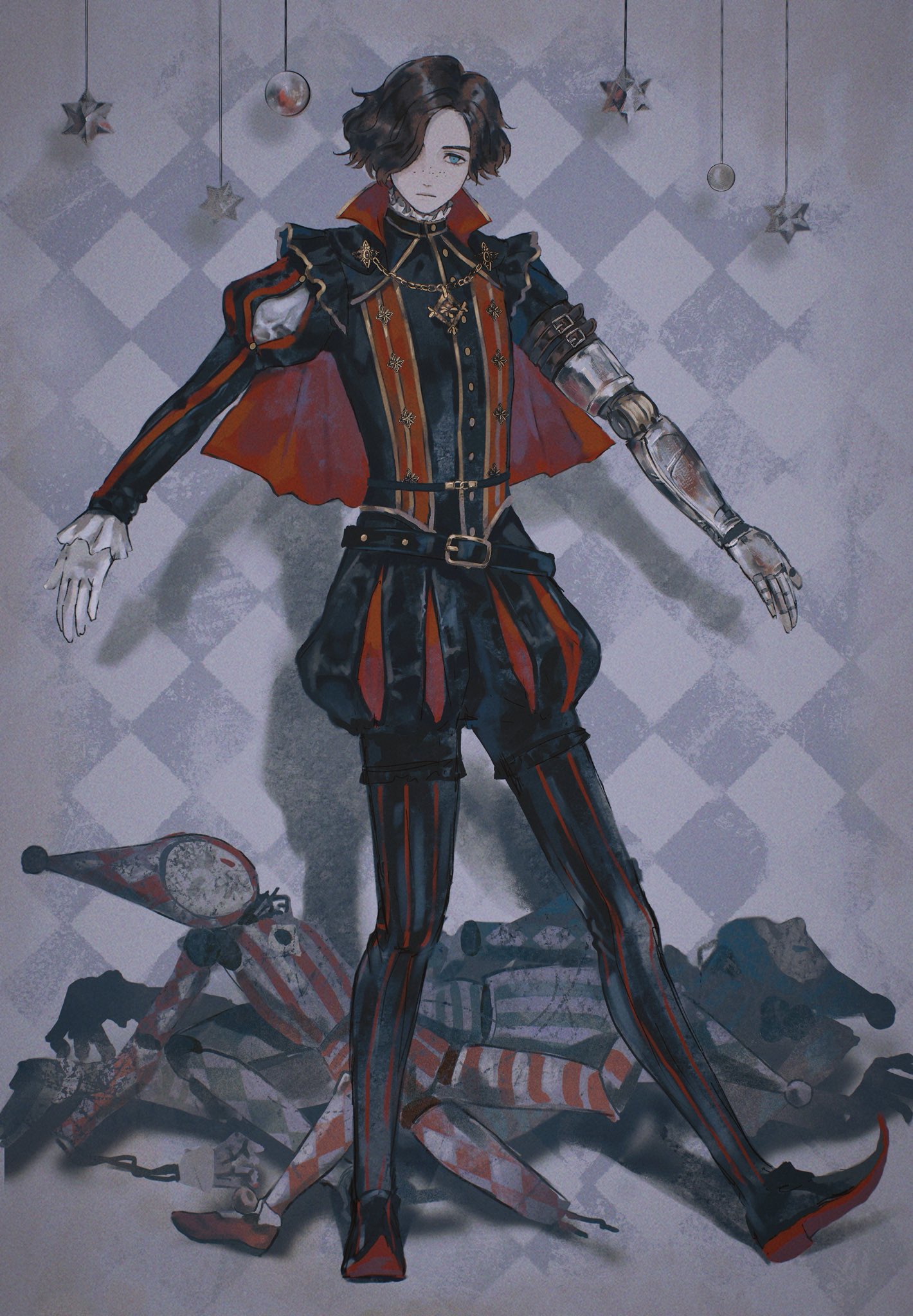 pinocchio (lies of p), lies of p, hashtag-only commentary, highres, 1boy, a2264983, alternate costume, arms up, blue eyes, brown hair, capelet, closed mouth, freckles, gloves, jester costume, male focus, mechanical arms, prosthesis, prosthetic arm, puppet, red capelet, short hair, single mechanical arm, solo, standing, white gloves
