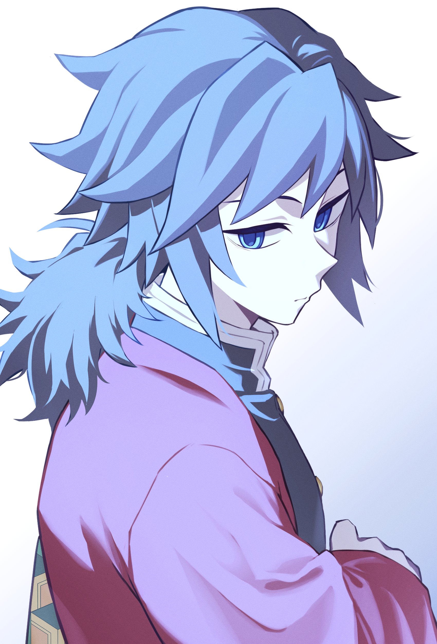 kinorink, tomioka giyuu, kimetsu no yaiba, absurdres, highres, 1boy, black jacket, blue eyes, buttons, closed mouth, demon slayer uniform, gold buttons, gradient background, hair between eyes, haori, high collar, jacket, japanese clothes, kikkoumon, looking at viewer, low ponytail, male focus, ponytail, print haori, red haori, solo, spiked hair, white background