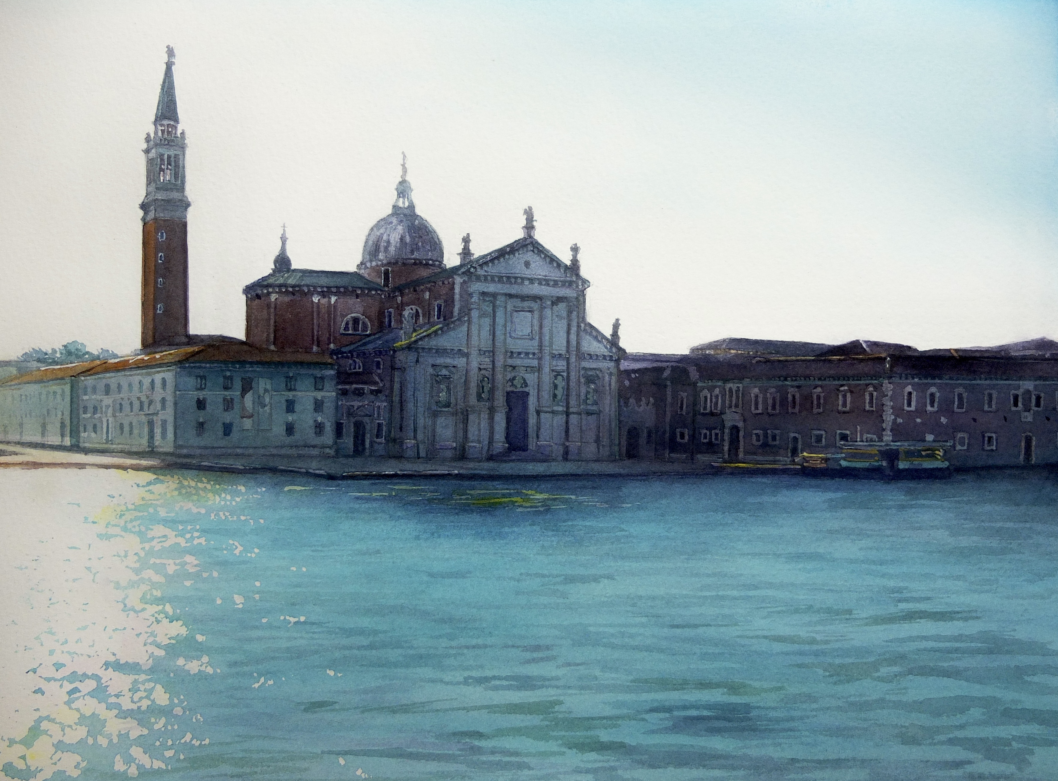 kazuyuki hashimoto, original, absurdres, highres, painting (medium), traditional media, watercolor (medium), bell tower, campanile di san marco, european architecture, ferry (ship), landscape, no humans, piazza san marco, renaissance architecture, statue, venice, watercraft, weather vane