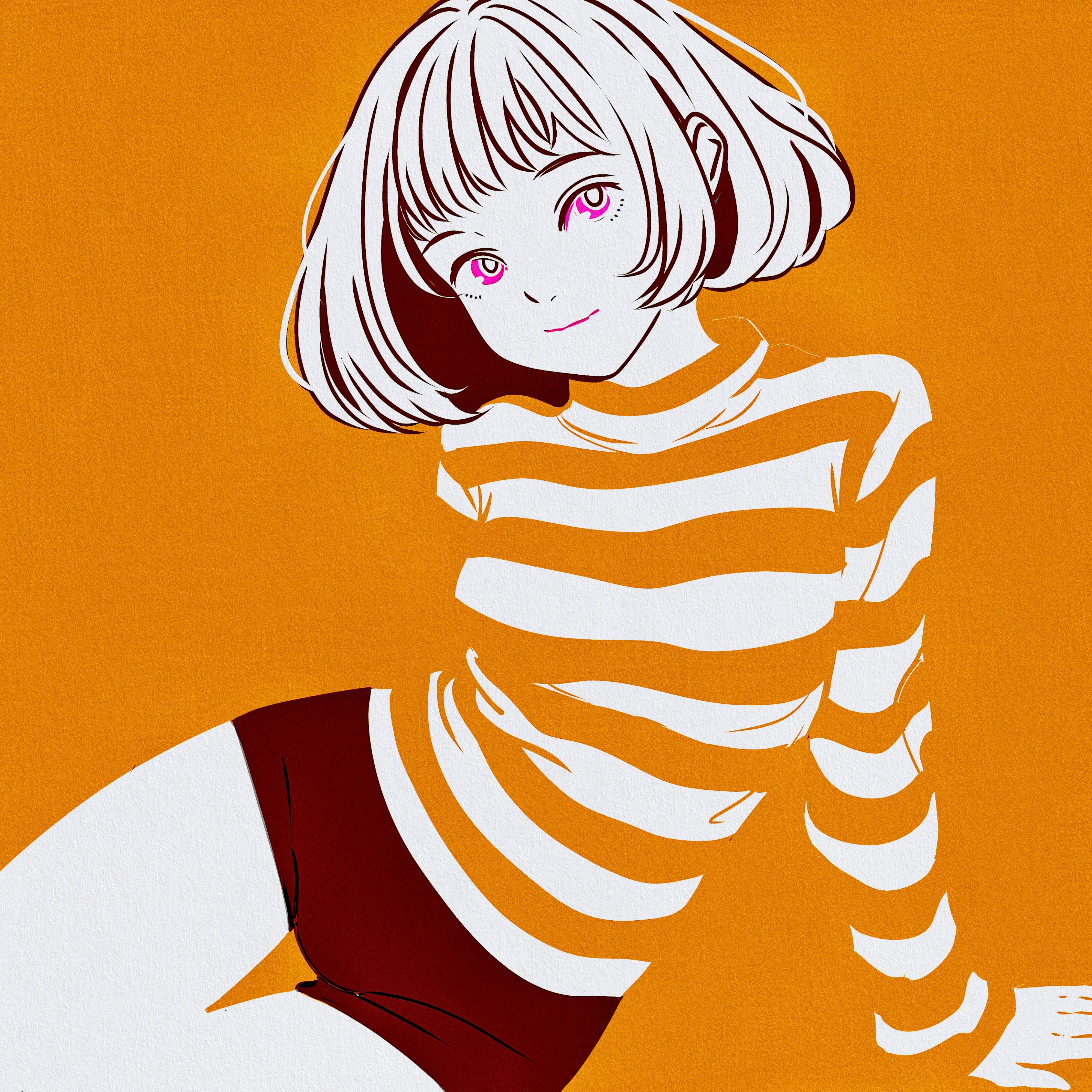 firework japan, original, absurdres, commentary, highres, 1girl, arm support, blending, flat color, limited palette, looking at viewer, medium hair, orange background, short shorts, shorts, smile, solo