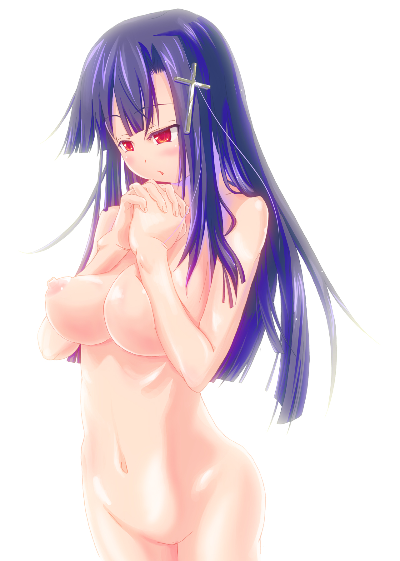 ooyayone, zange, kannagi, bad id, bad pixiv id, highres, 00s, 1girl, blush, breast press, breasts, cross, female focus, hair ornament, large breasts, long hair, nipples, nude, praying, purple hair, pussy, red eyes, solo, standing, uncensored