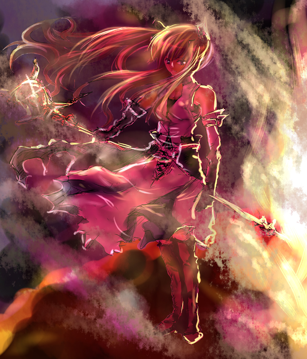 ego6, raising heart, takamachi nanoha, lyrical nanoha, mahou shoujo lyrical nanoha, mahou shoujo lyrical nanoha strikers, 00s, 1girl, alternate costume, alternate weapon, blue eyes, brown hair, dress, elbow gloves, female focus, gloves, long hair, magical girl, no jacket, purple eyes, red hair, solo, torn clothes, twintails, waist cape, weapon, white devil