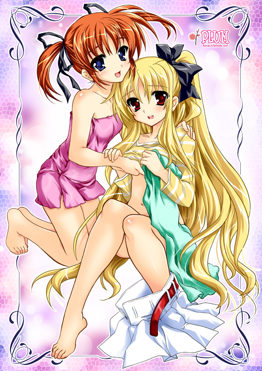 kanna (plum), fate testarossa, takamachi nanoha, lyrical nanoha, mahou shoujo lyrical nanoha, mahou shoujo lyrical nanoha a's, bad id, bad pixiv id, 00s, 2girls, barefoot, belt, blonde hair, bottomless, brown hair, clothes lift, feet, hair ribbon, long hair, multiple girls, naked towel, navel, purple eyes, red eyes, ribbon, shirt lift, short twintails, skirt, smile, towel, twintails, undressing, very long hair