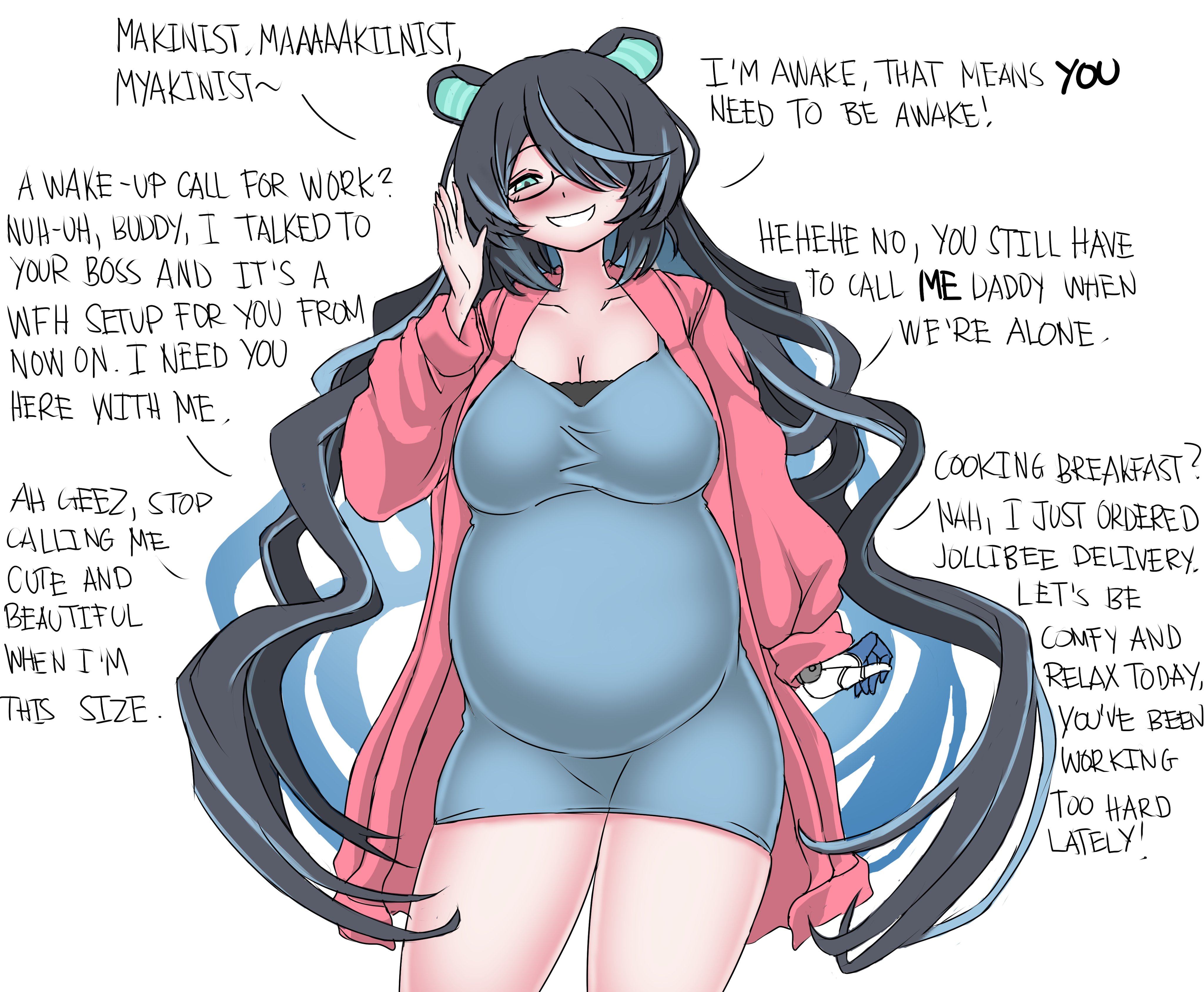 deculture, erina makina, phase connect, 1girl, animal ears, black hair, blue eyes, blue hair, breasts, glasses, large breasts, long hair, pregnant, prosthesis, prosthetic arm, tiger ears, virtual youtuber