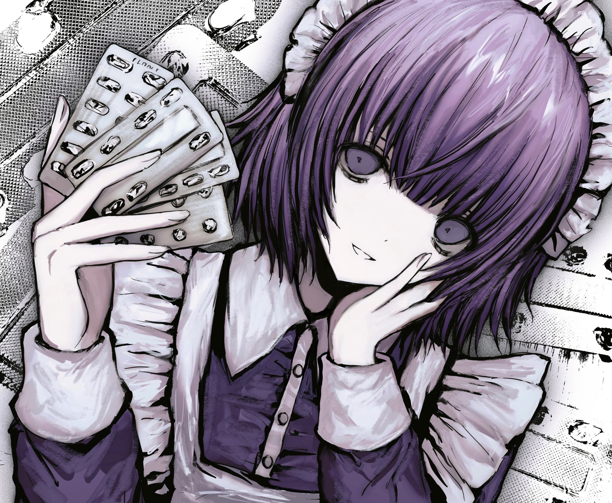 chan8016, yakui, futaba channel, highres, apron, blister pack, blunt bangs, collared shirt, frills, hand on own face, hands up, head tilt, holding, long sleeves, looking at viewer, maid, maid headdress, medium hair, monochrome background, pale skin, photo background, portrait, purple eyes, purple hair, purple shirt, shirt, smile, white apron