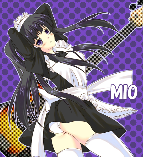 tama two (fukuya), akiyama mio, k-on!, 00s, 1girl, alternate costume, apron, arms behind head, arms up, ass, bass guitar, black hair, blush, enmaided, female focus, hairband, instrument, long hair, maid, maid apron, panties, pantyshot, polka dot, purple eyes, solo, thighhighs, underwear, zettai ryouiki