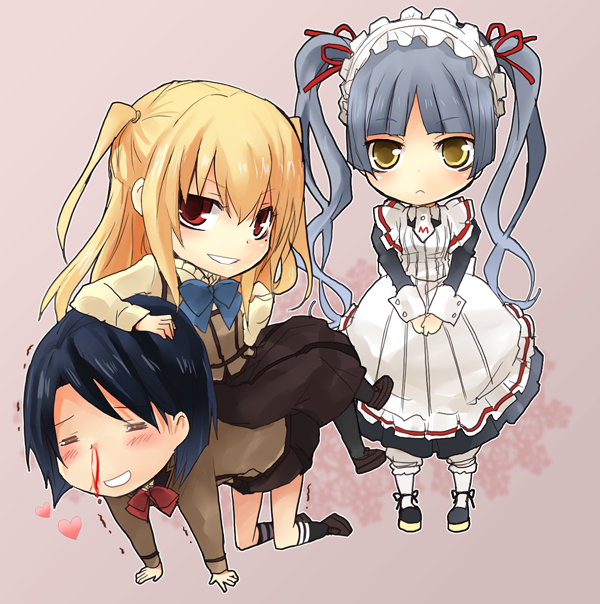 kurot, miyamae kanako, shidou mariya, shinouji matsurika, maria holic, bad id, bad pixiv id, 00s, 1boy, 2girls, apron, blonde hair, blood, blue hair, blush, bow, chibi, hair ribbon, hairband, maid, maid apron, mole, mole under eye, multiple girls, nosebleed, pantyhose, red eyes, ribbon, school uniform, short hair, trap, twintails, yellow eyes
