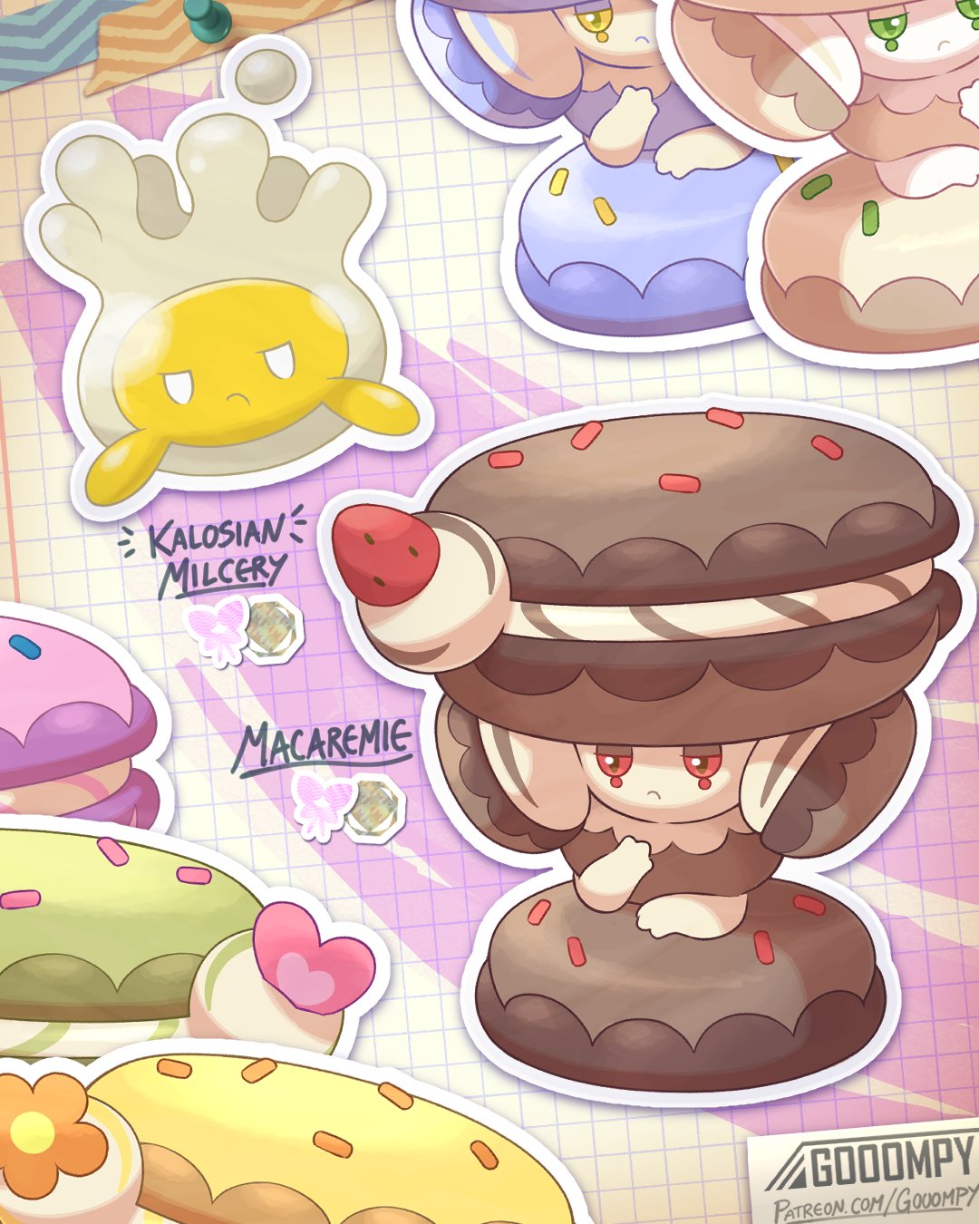 gooompy, milcery, nintendo, original, pokemon, highres, fakemon, food, fruit, gen 8 pokemon, green eyes, macaron, no humans, pokemon (creature), pokemon focus, red eyes, strawberry, yellow eyes
