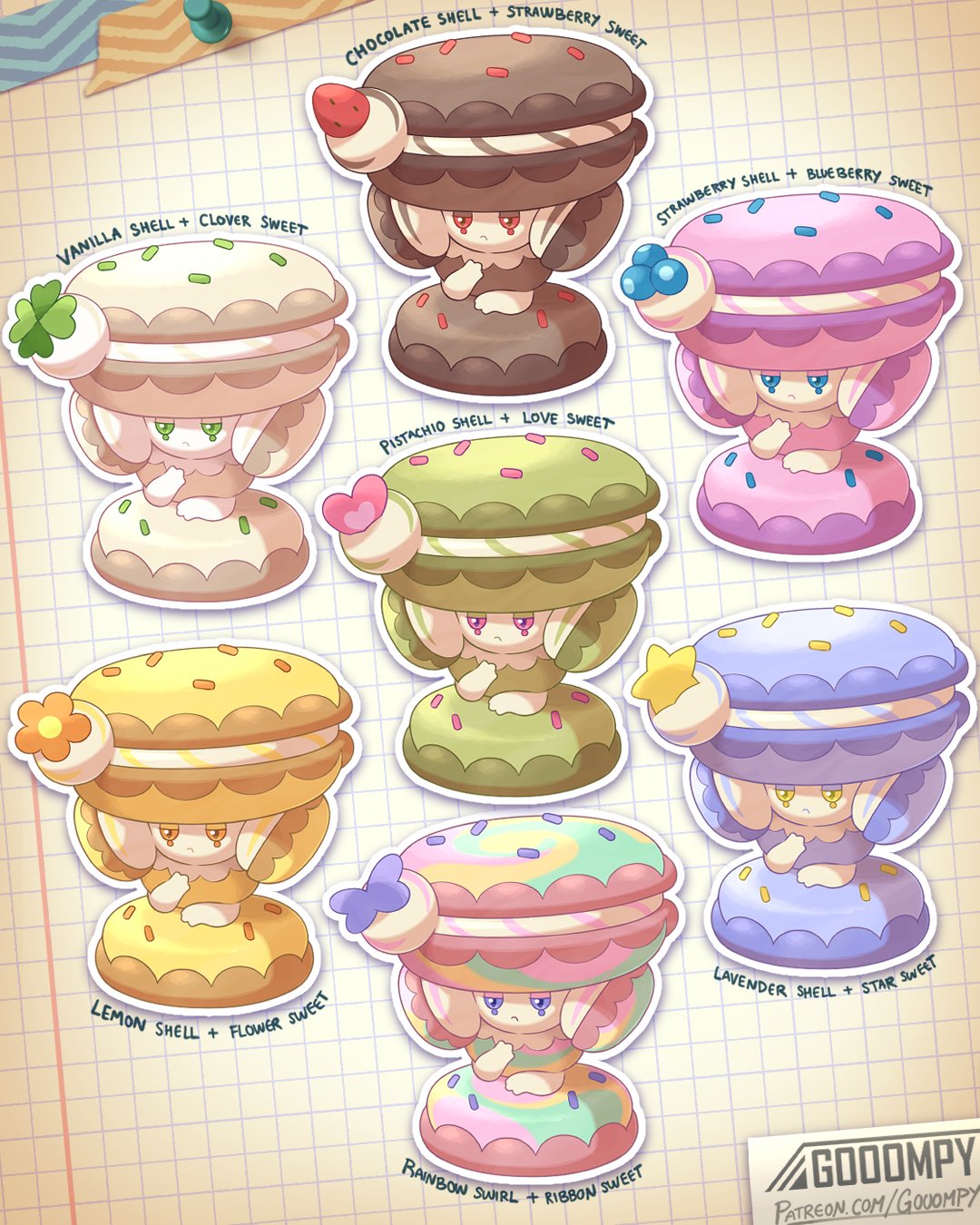 gooompy, nintendo, original, pokemon, highres, blue eyes, colored sclera, fakemon, food, fruit, green eyes, macaron, no humans, orange eyes, pink eyes, pokemon (creature), pokemon focus, red eyes, strawberry, yellow eyes