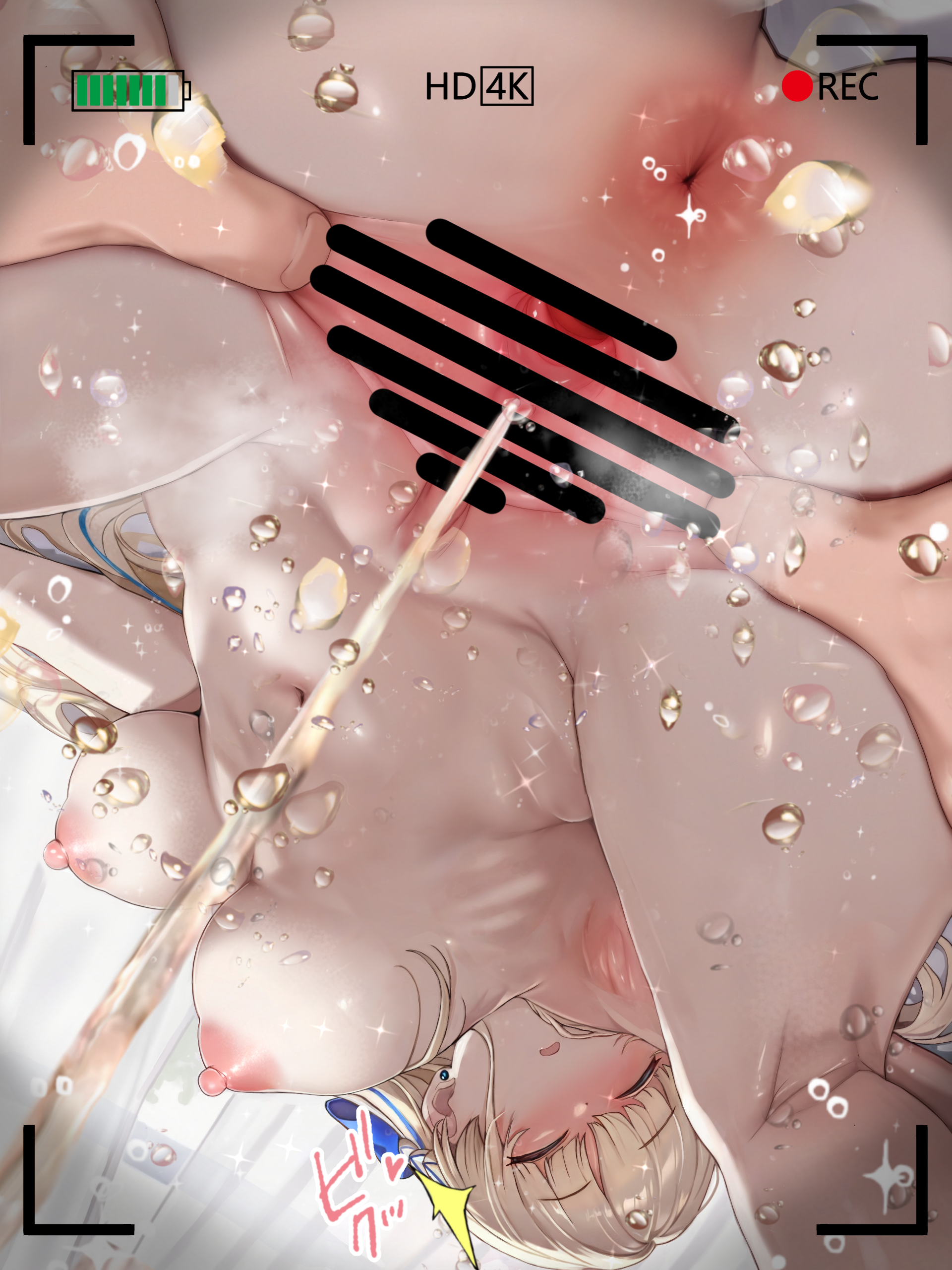 momisan, toki (blue archive), blue archive, absurdres, clip studio paint (medium), commentary request, highres, variant set, 1girl, armpits, battery indicator, blonde hair, blue bow, blue ribbon, blush, bow, breasts, bright pupils, cameltoe, completely nude, crotch seam, curtains, earrings, frills, hair ribbon, jewelry, kneepits, large breasts, lying, navel, nipples, nude, on back, on bed, parted lips, recording, ribbon, sleeping, solo focus, spread legs, spread pussy, stomach, stud earrings, thighs, topless female, underwear, underwear only, viewfinder, white pupils, window