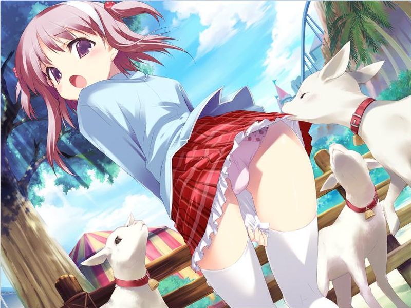 kawata hisashi, nanako (to heart 2), to heart (series), to heart 2, game cg, 00s, 1girl, ass, blue shirt, blush, clothes lift, cloud, fence, lifting another's clothes, loli, long sleeves, open mouth, panties, petting zoo, pink eyes, pink hair, pink panties, plaid clothes, plaid skirt, red skirt, sheep, shirt, short hair, skirt, skirt lift, sky, surprised, tree, twintails, underwear, wooden fence