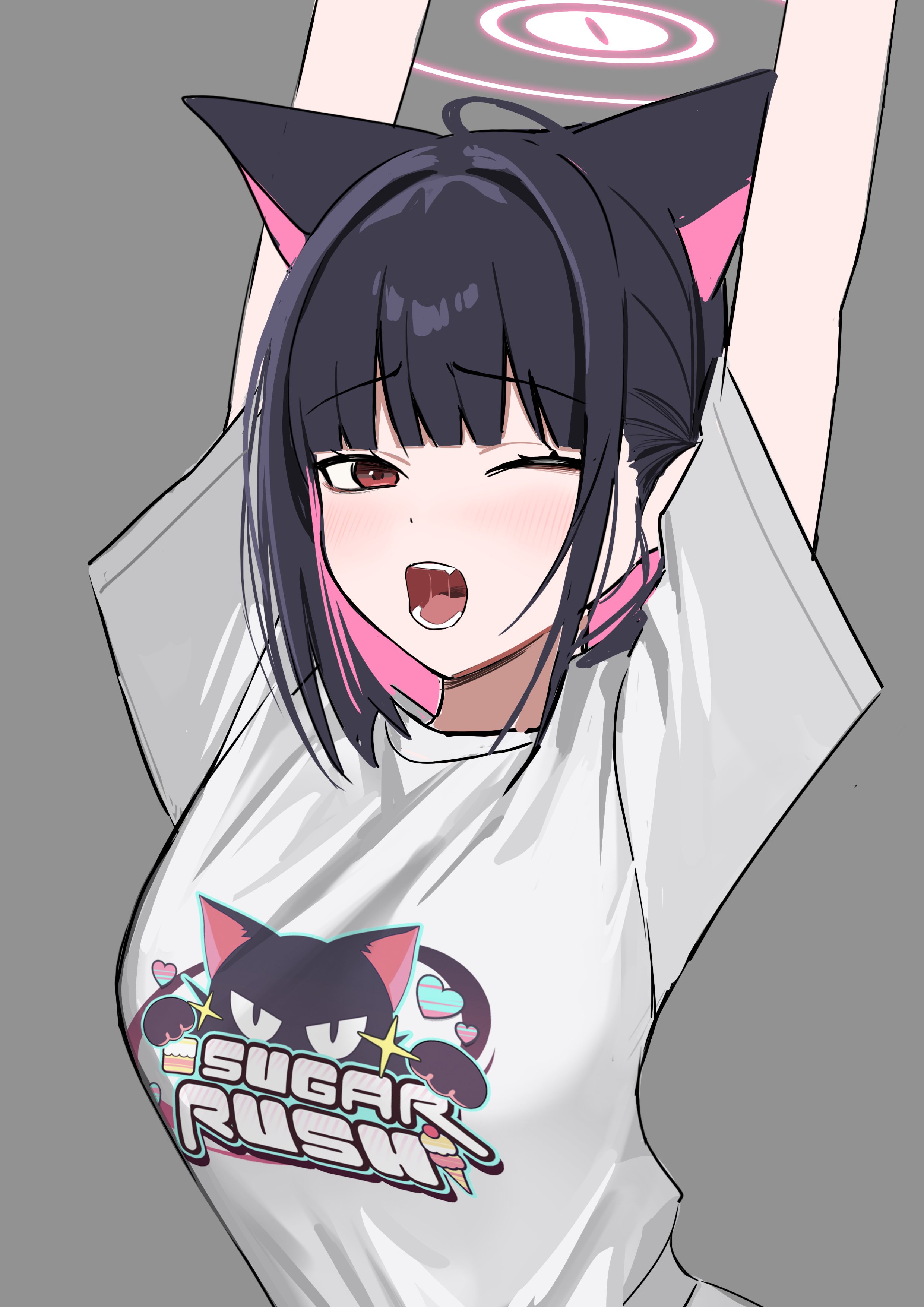 momocadraw, kazusa (band) (blue archive), kazusa (blue archive), blue archive, absurdres, highres, 1girl, animal ears, animal print, arms up, black hair, blush, cat ears, cat girl, cat print, colored inner animal ears, colored inner hair, extra ears, fang, halo, multicolored hair, one eye closed, open mouth, pink hair, pink halo, red eyes, shirt, short hair, solo, two-tone hair, white shirt, yawning