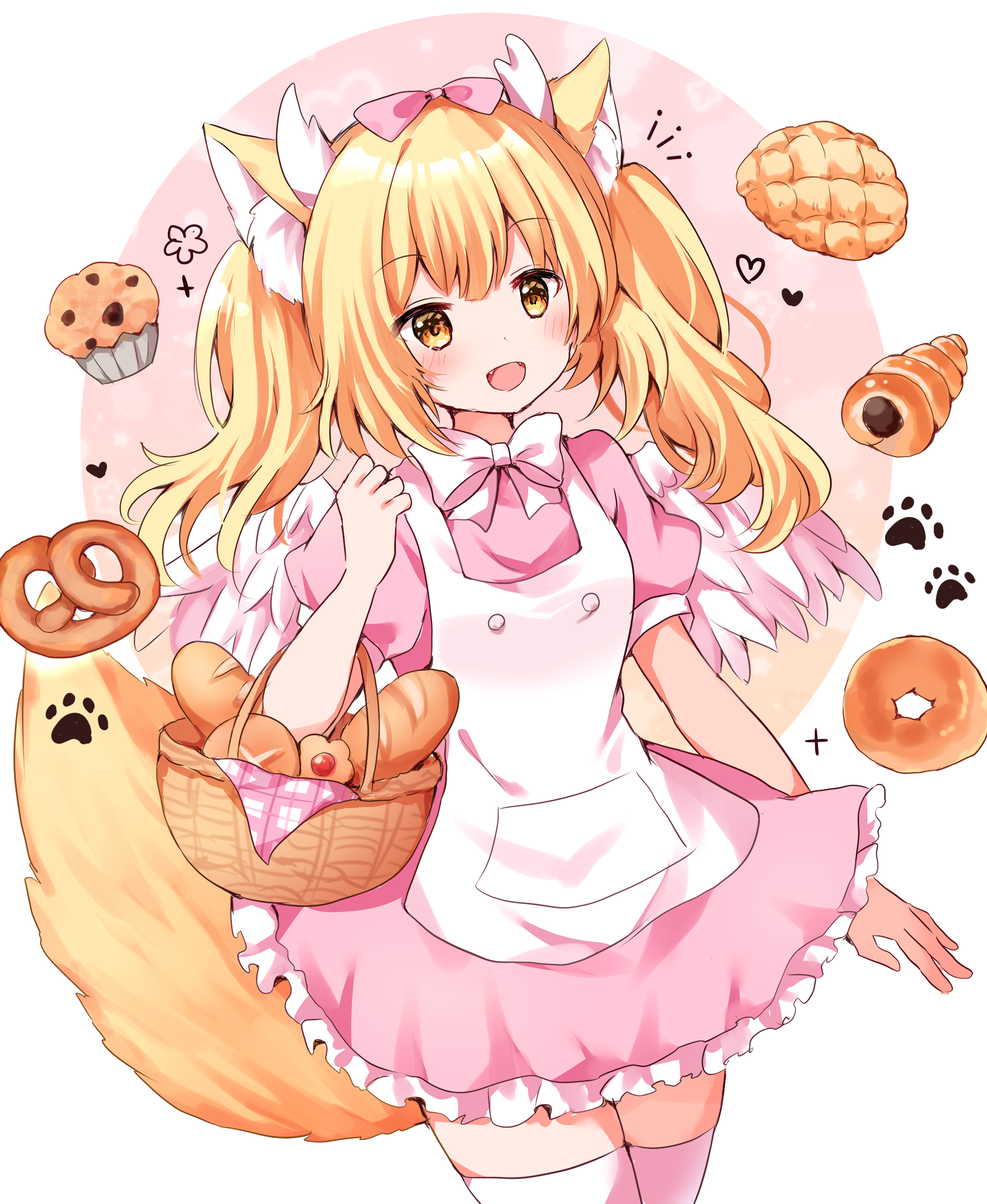 kokoshira 0510, original, absurdres, commission, commissioner upload, highres, skeb commission, animal ears, apron, basket, blonde hair, blush, bread, croissant, dragon horns, dress, fangs, food, fox ears, fox tail, holding, holding basket, horns, muffin, open mouth, pink dress, pink ribbon, ribbon, short dress, tail, white wings, wings, yellow eyes