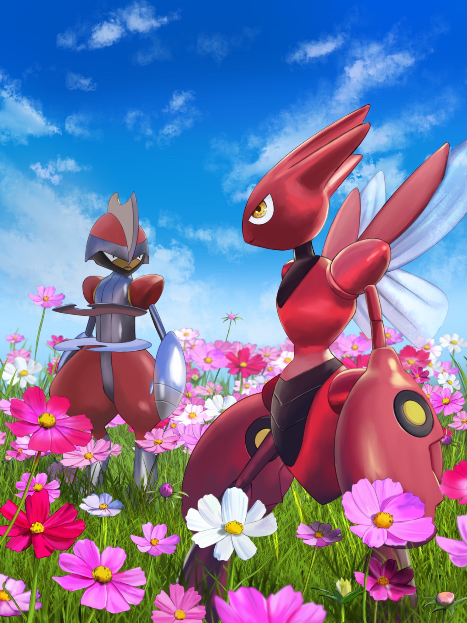 redamber334, bisharp, scizor, nintendo, pokemon, highres, blue sky, bug, claws, flower, gen 2 pokemon, gen 5 pokemon, on grass, outdoors, pink flower, pokemon (creature), sky, standing, yellow eyes