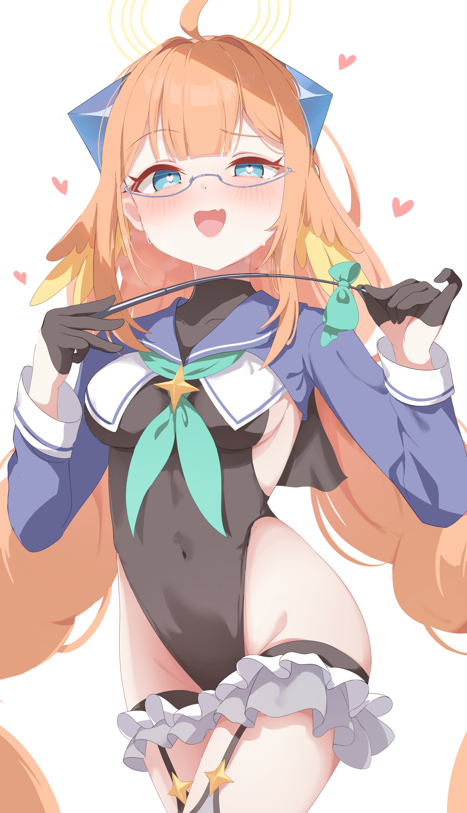 hello-ghiblisan, shimiko (blue archive), blue archive, absurdres, highres, 1girl, ahoge, black gloves, black leotard, blue eyes, blush, breasts, collarbone, covered navel, frilled thigh strap, glasses, gloves, green neckerchief, groin, halo, heart, heart-shaped pupils, heattech leotard, leotard, looking at viewer, medium breasts, neckerchief, open mouth, orange hair, shrug (clothing), sideboob, solo, standing, symbol-shaped pupils, thigh strap, turtleneck