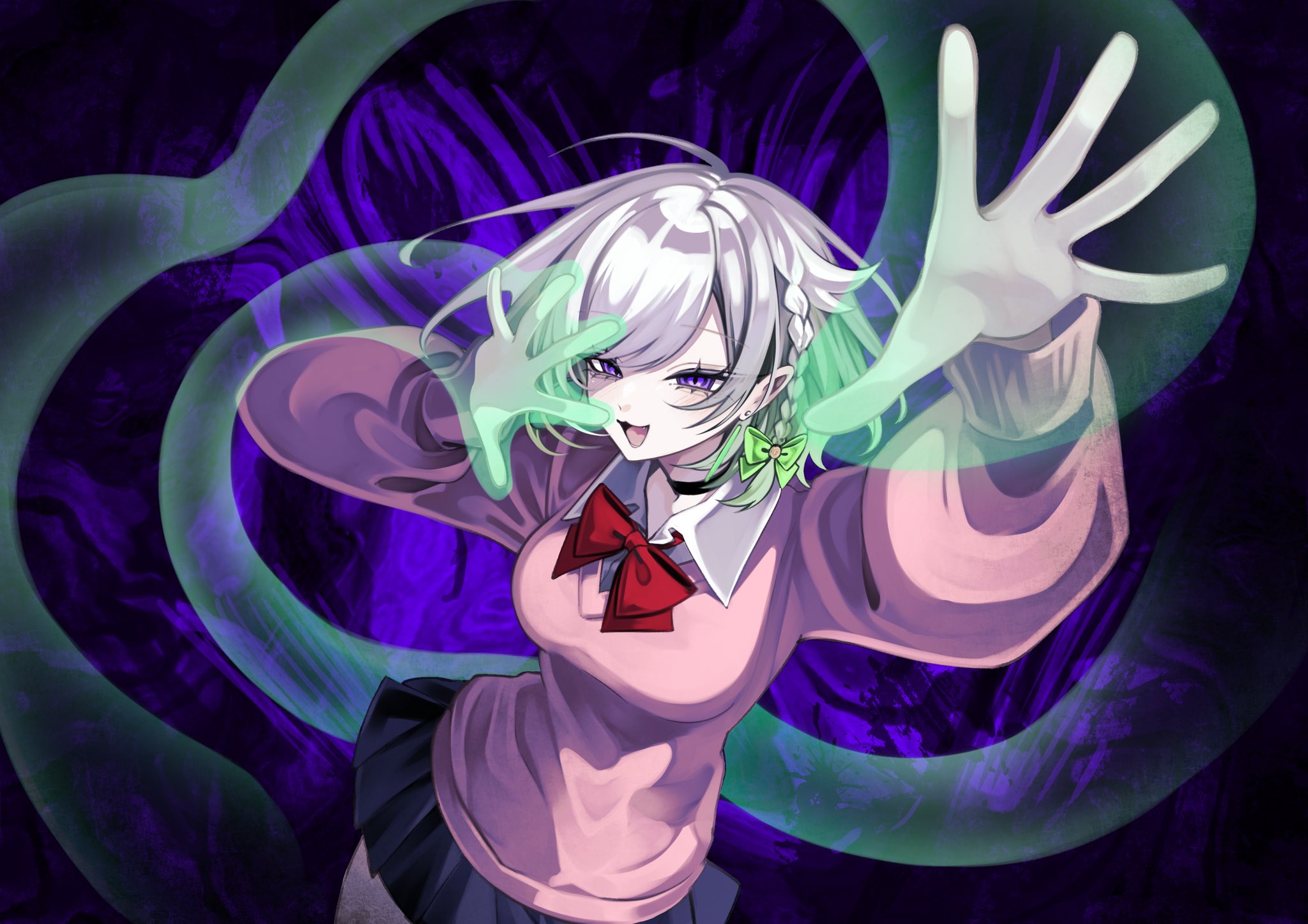 402 (o0 xxx), ayase momo, yuni (yuni channel), dandadan, yuni channel, commentary request, highres, 1girl, ayase momo (cosplay), black choker, black skirt, bow, bowtie, braid, breasts, choker, cosplay, cowboy shot, grey hair, hands up, long sleeves, looking at viewer, magic, medium breasts, miniskirt, open hand, open mouth, parted bangs, pink sweater, purple background, purple eyes, red bow, red bowtie, short hair, skirt, smile, solo, sweater, swept bangs, virtual youtuber