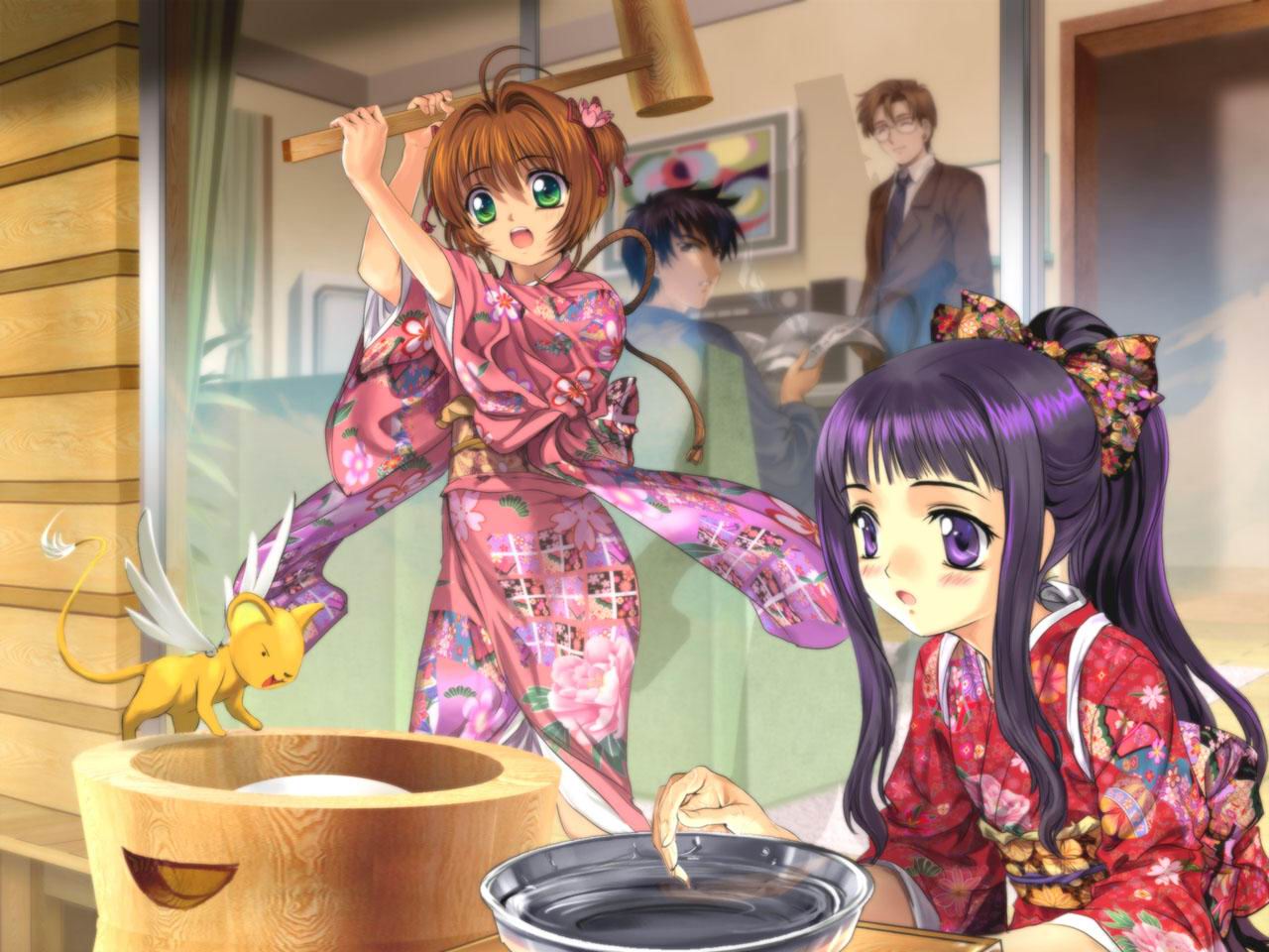 mutsuki (moonknives), daidouji tomoyo, kero (cardcaptor sakura), kinomoto fujitaka, kinomoto sakura, kinomoto touya, cardcaptor sakura, kodansha, non-web source, 1990s (style), 2boys, 2girls, child, food, japanese clothes, kimono, kine, mallet, mochi, mochitsuki, multiple boys, multiple girls, new year, retro artstyle, tasuki, wagashi