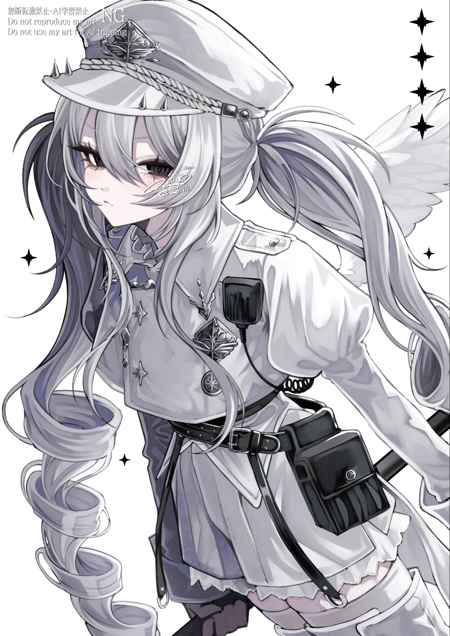 402 (o0 xxx), original, commentary, highres, symbol-only commentary, 1girl, belt, belt buckle, black belt, black eyes, black gloves, buckle, closed mouth, cowboy shot, double-parted bangs, gloves, hair between eyes, hat, holding, jacket, juliet sleeves, long hair, long sleeves, looking at viewer, peaked cap, pouch, puffy sleeves, shorts, solo, spiked hat, spikes, twintails, very long hair, walkie-talkie, white background, white hair, white hat, white jacket, white shorts