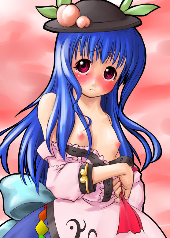 kobiyuun, hinanawi tenshi, touhou, 1girl, blue hair, blush, breasts, female focus, food, fruit, hat, nipples, open clothes, open shirt, peach, red eyes, shirt, small breasts, solo, tears